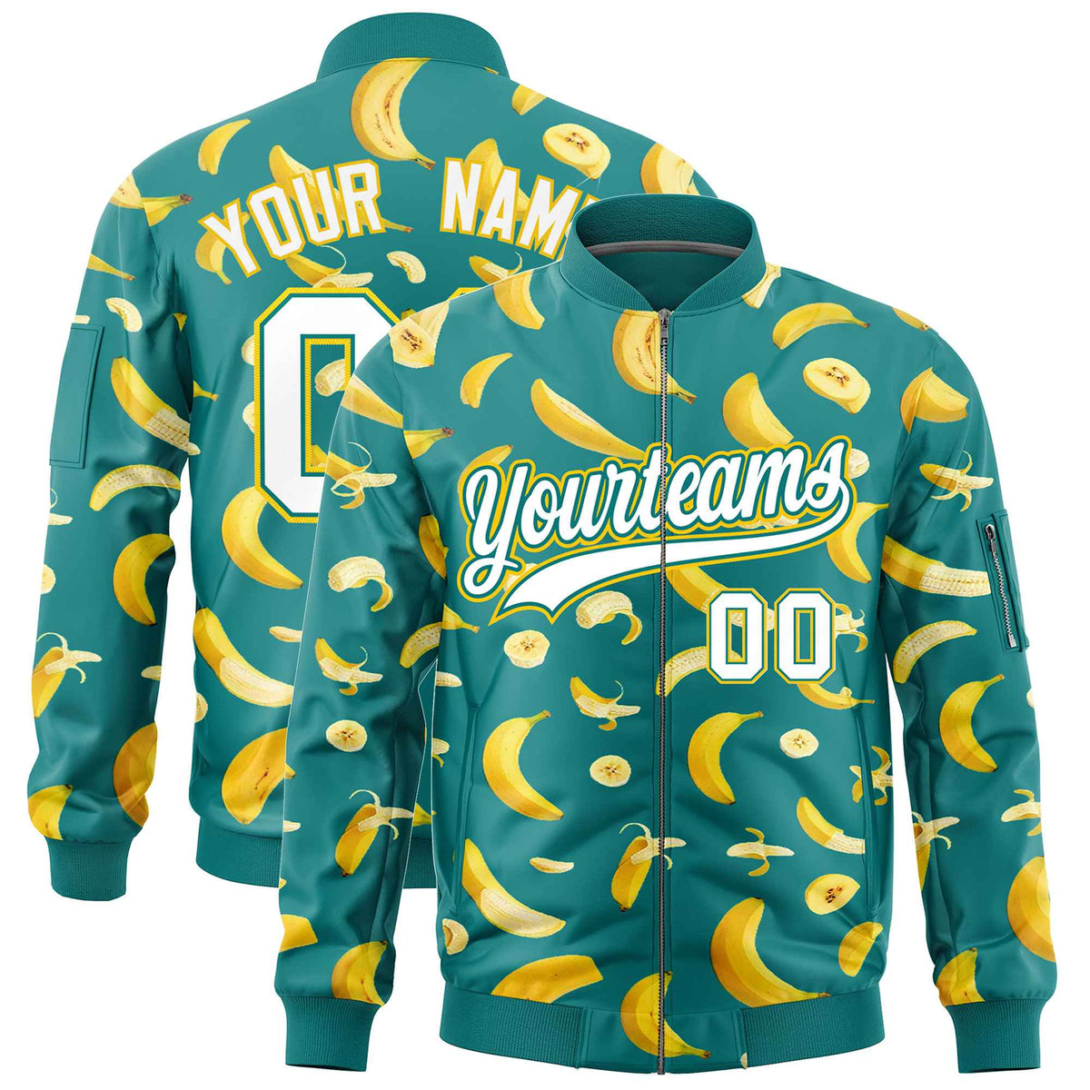 Custom Teal Varsity Full-Zip Banana Pattern Letterman Bomber Jacket | Graffiti Pattern | Embroidery&amp;Dye-sublimation printing | KXKSHOP