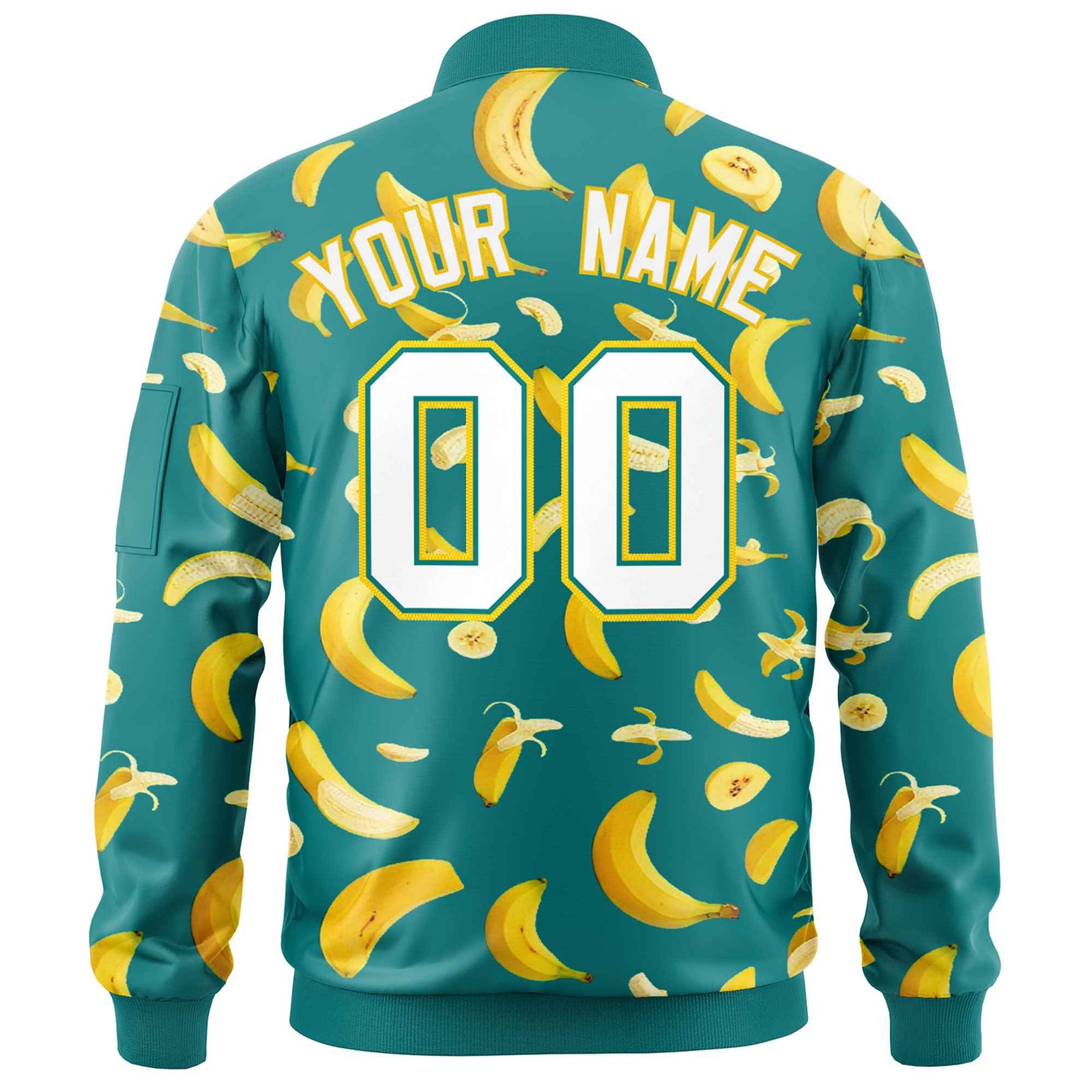Custom Teal Varsity Full-Zip Banana Pattern Letterman Bomber Jacket | Graffiti Pattern | Embroidery&Dye-sublimation printing | KXKSHOP