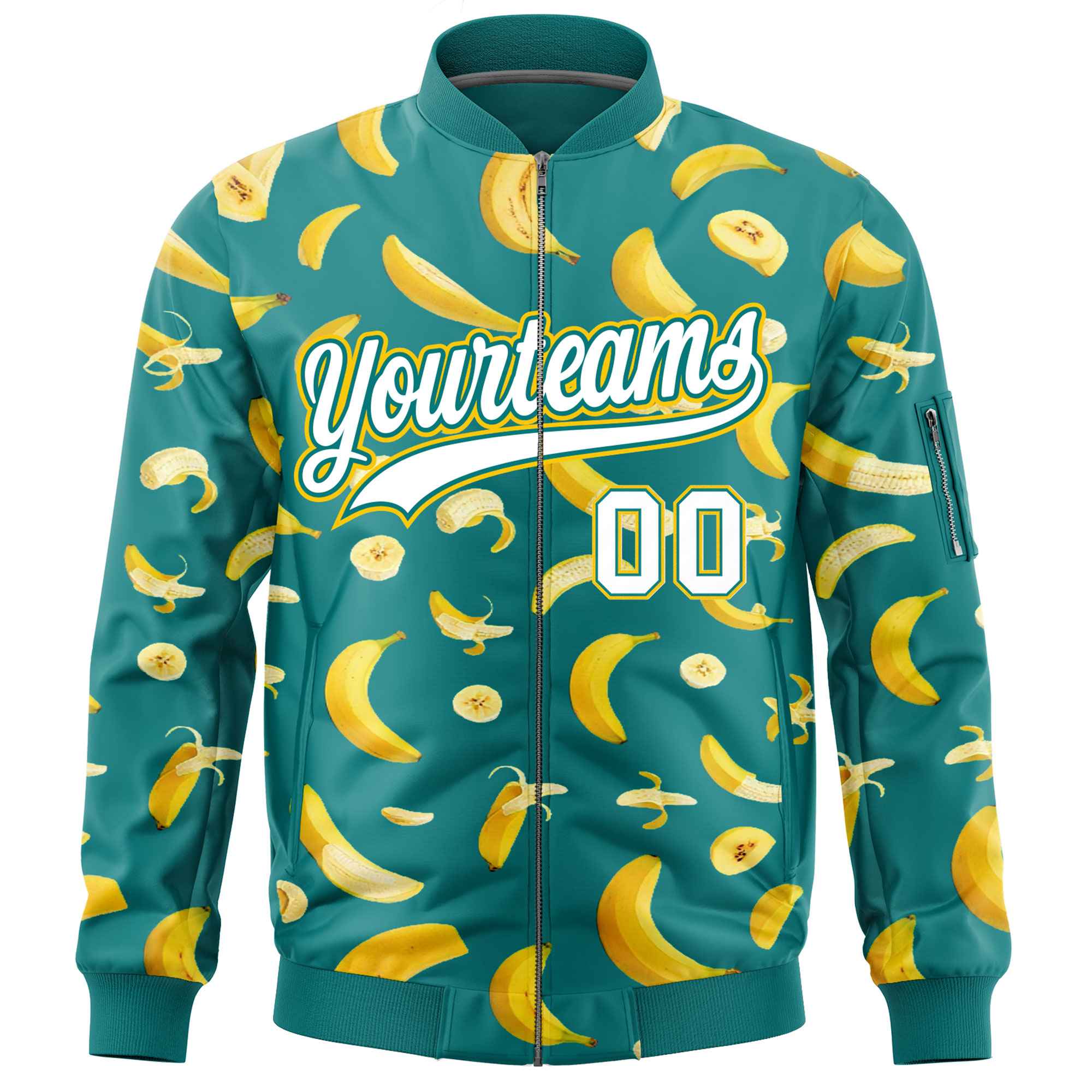 Custom Teal Varsity Full-Zip Banana Pattern Letterman Bomber Jacket | Graffiti Pattern | Embroidery&Dye-sublimation printing | KXKSHOP