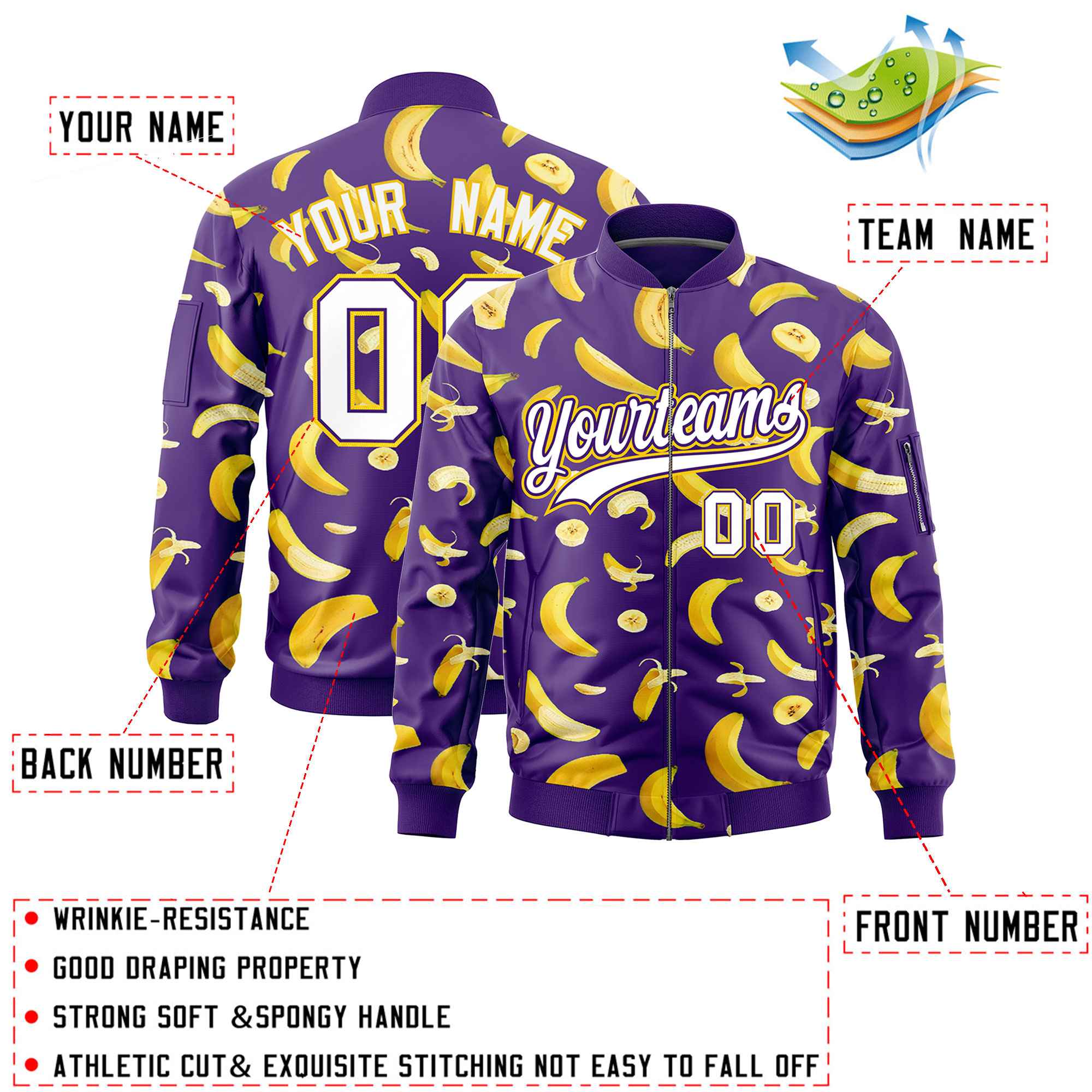 Custom Purple Varsity Full-Zip Banana Pattern Letterman Bomber Jacket | Graffiti Pattern | Embroidery&Dye-sublimation printing | KXKSHOP