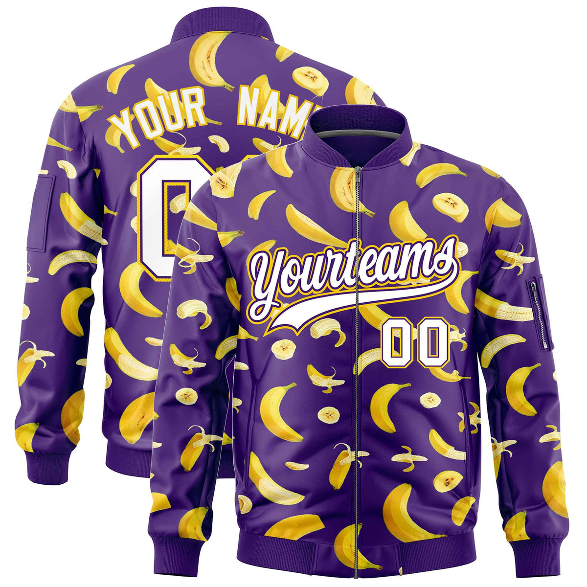 Custom Purple Varsity Full-Zip Banana Pattern Letterman Bomber Jacket | Graffiti Pattern | Embroidery&amp;Dye-sublimation printing | KXKSHOP