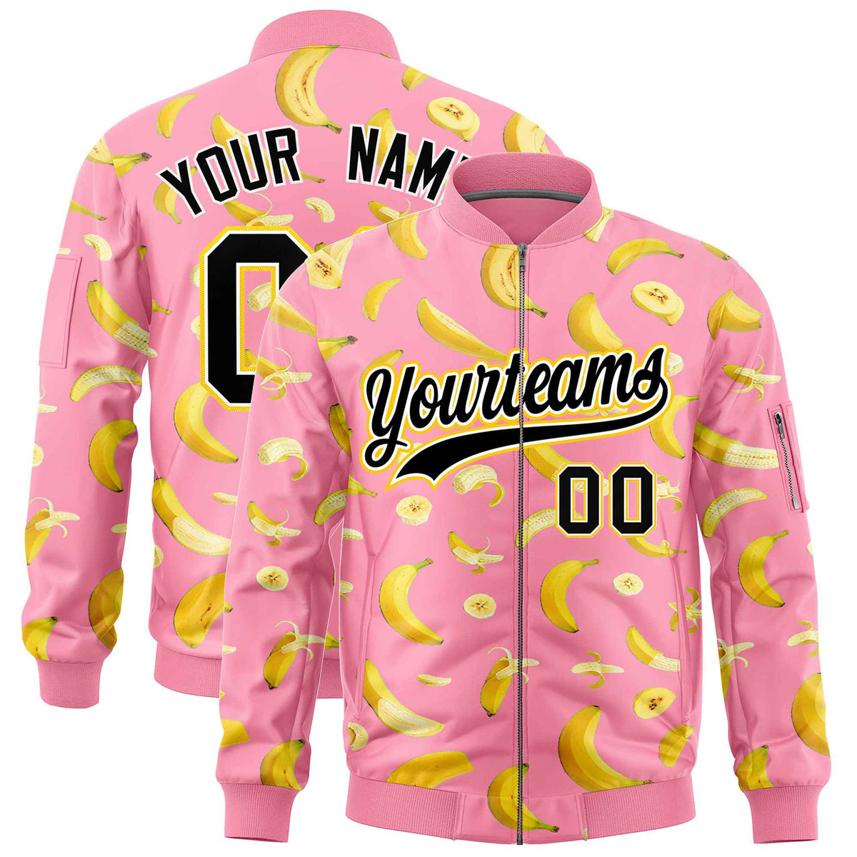 Custom Light Pink Varsity Full-Zip Banana Pattern Letterman Bomber Jacket | Graffiti Pattern | Embroidery&amp;Dye-sublimation printing | KXKSHOP