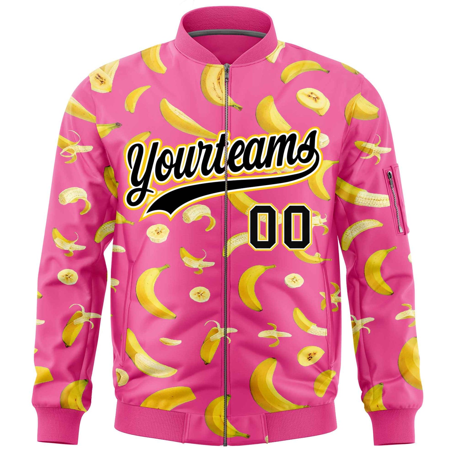Custom Pink Varsity Full-Zip Banana Pattern Letterman Bomber Jacket | Graffiti Pattern | Embroidery&Dye-sublimation printing | KXKSHOP