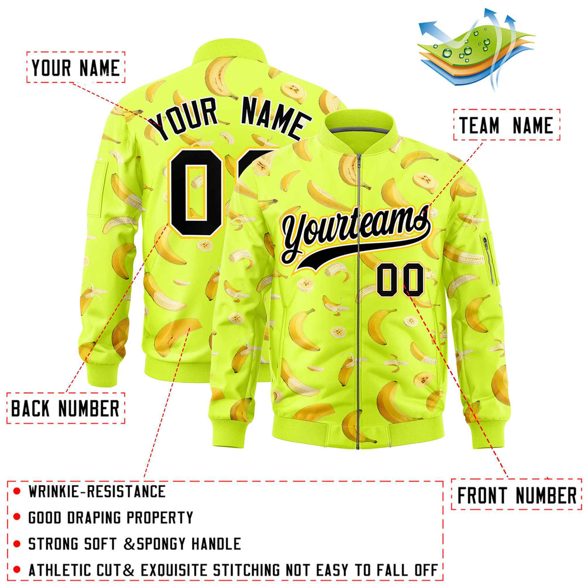 Custom Fluorescent Green Varsity Full-Zip Banana Pattern Letterman Bomber Jacket | Graffiti Pattern | Embroidery&Dye-sublimation printing | KXKSHOP