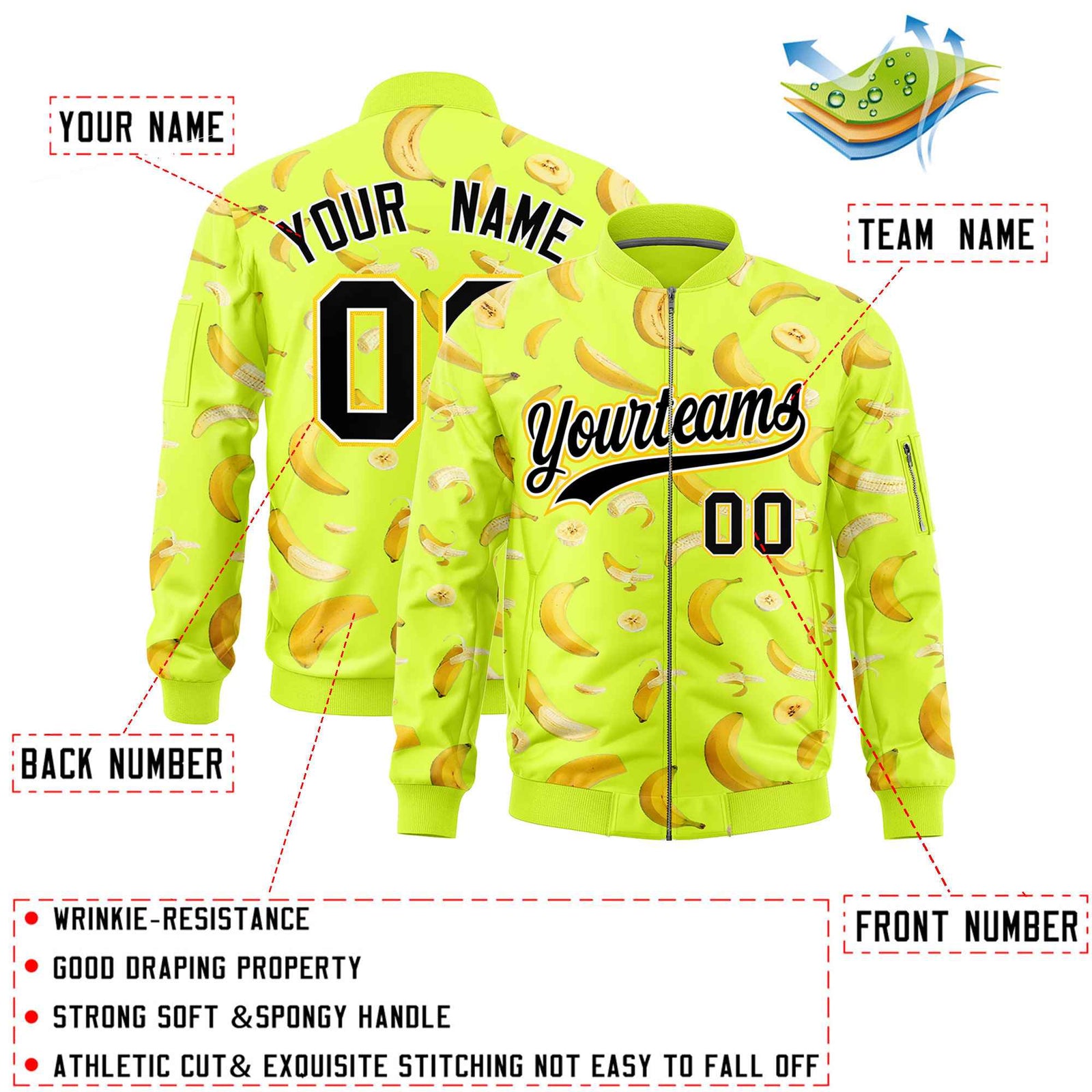 Custom Fluorescent Green Varsity Full-Zip Banana Pattern Letterman Bomber Jacket | Graffiti Pattern | Embroidery&Dye-sublimation printing | KXKSHOP