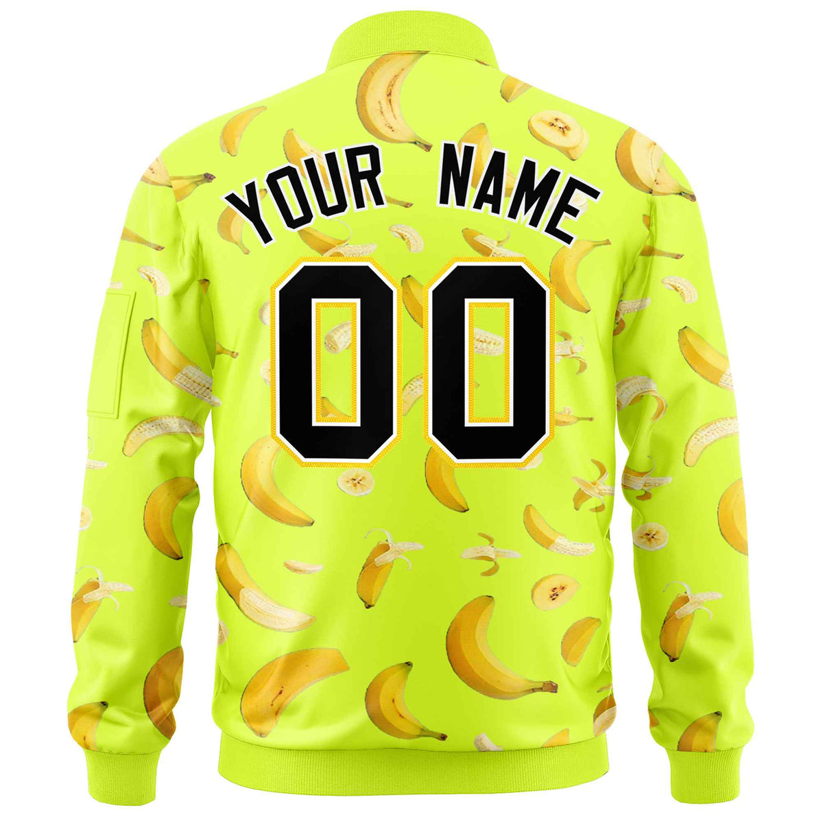 Custom Fluorescent Green Varsity Full-Zip Banana Pattern Letterman Bomber Jacket | Graffiti Pattern | Embroidery&Dye-sublimation printing | KXKSHOP