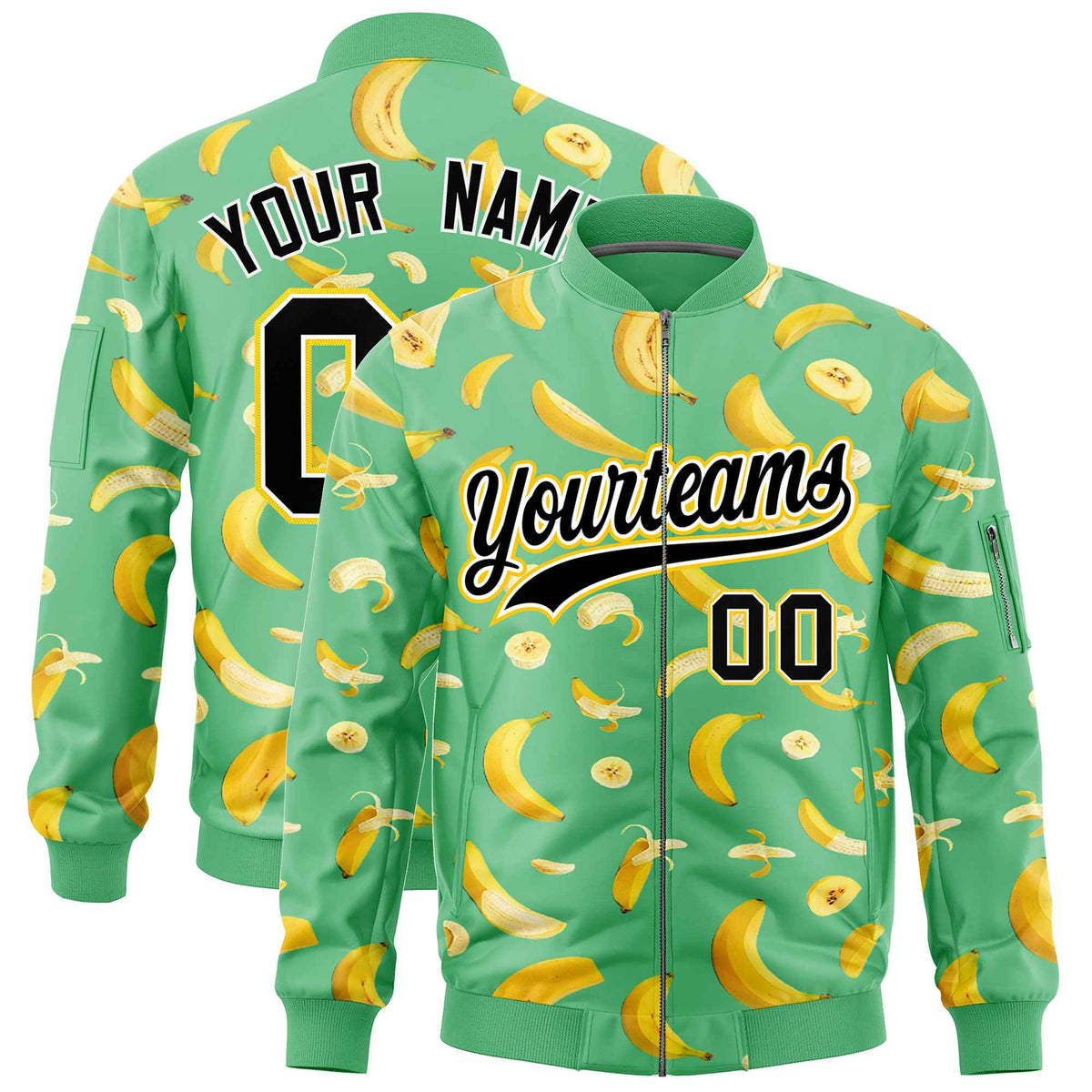 Custom Neon Green Varsity Full-Zip Banana Pattern Letterman Bomber Jacket | Graffiti Pattern | Embroidery&amp;Dye-sublimation printing | KXKSHOP