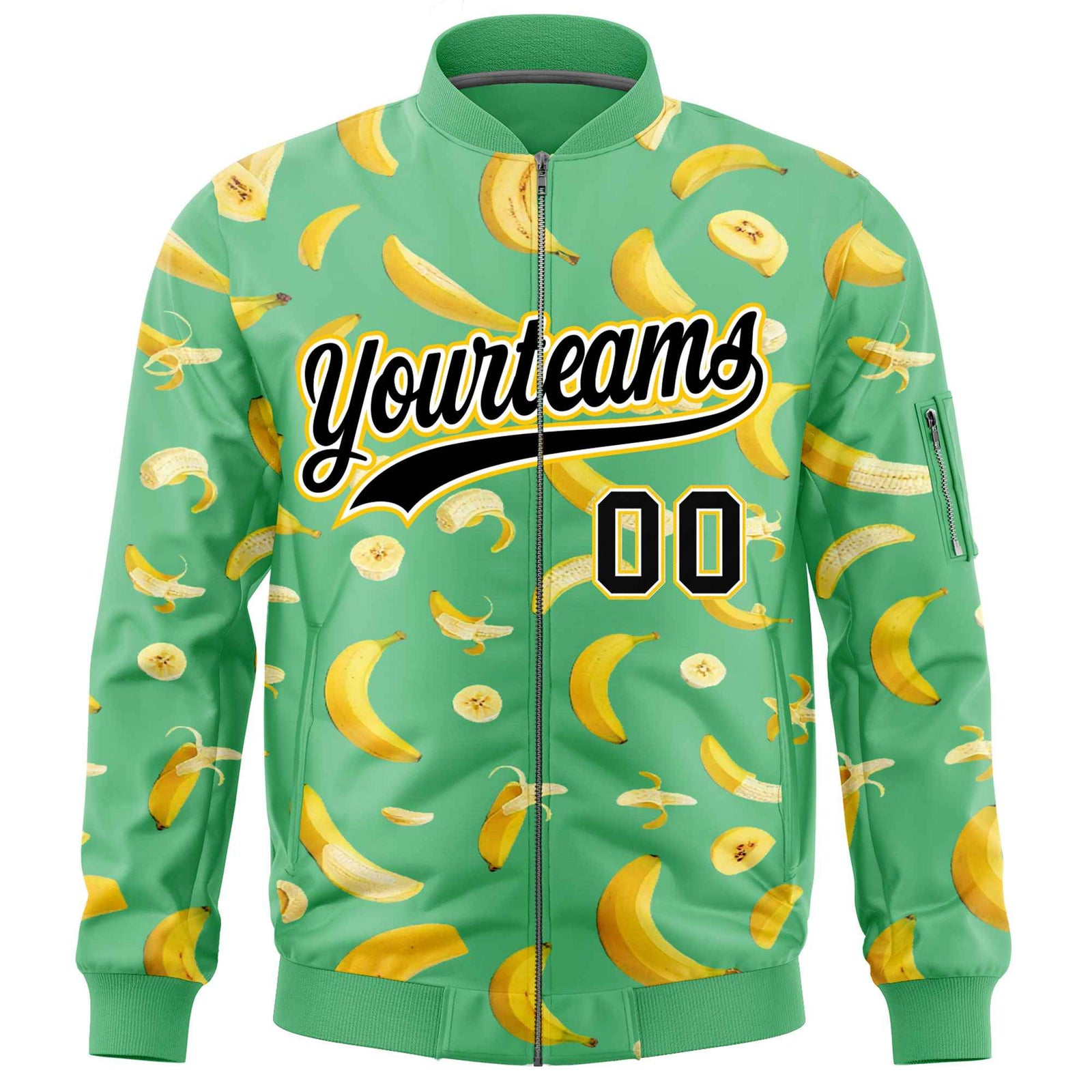Custom Neon Green Varsity Full-Zip Banana Pattern Letterman Bomber Jacket | Graffiti Pattern | Embroidery&Dye-sublimation printing | KXKSHOP