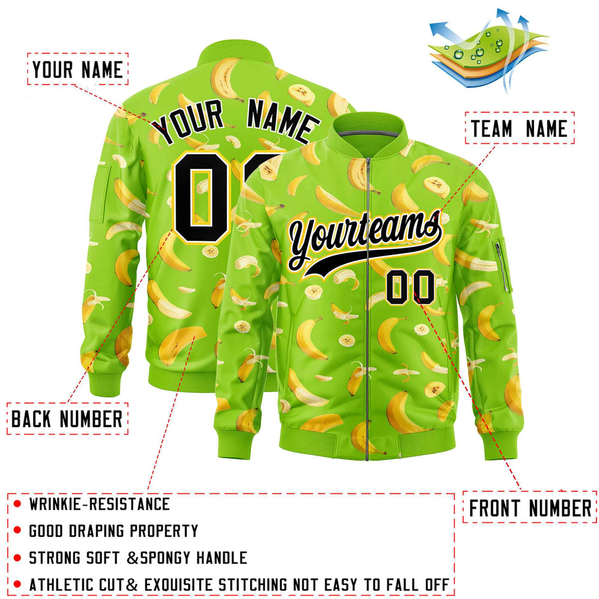 Custom Neon Green Varsity Full-Zip Banana Pattern Letterman Bomber Jacket | Graffiti Pattern | Embroidery&amp;Dye-sublimation printing | KXKSHOP