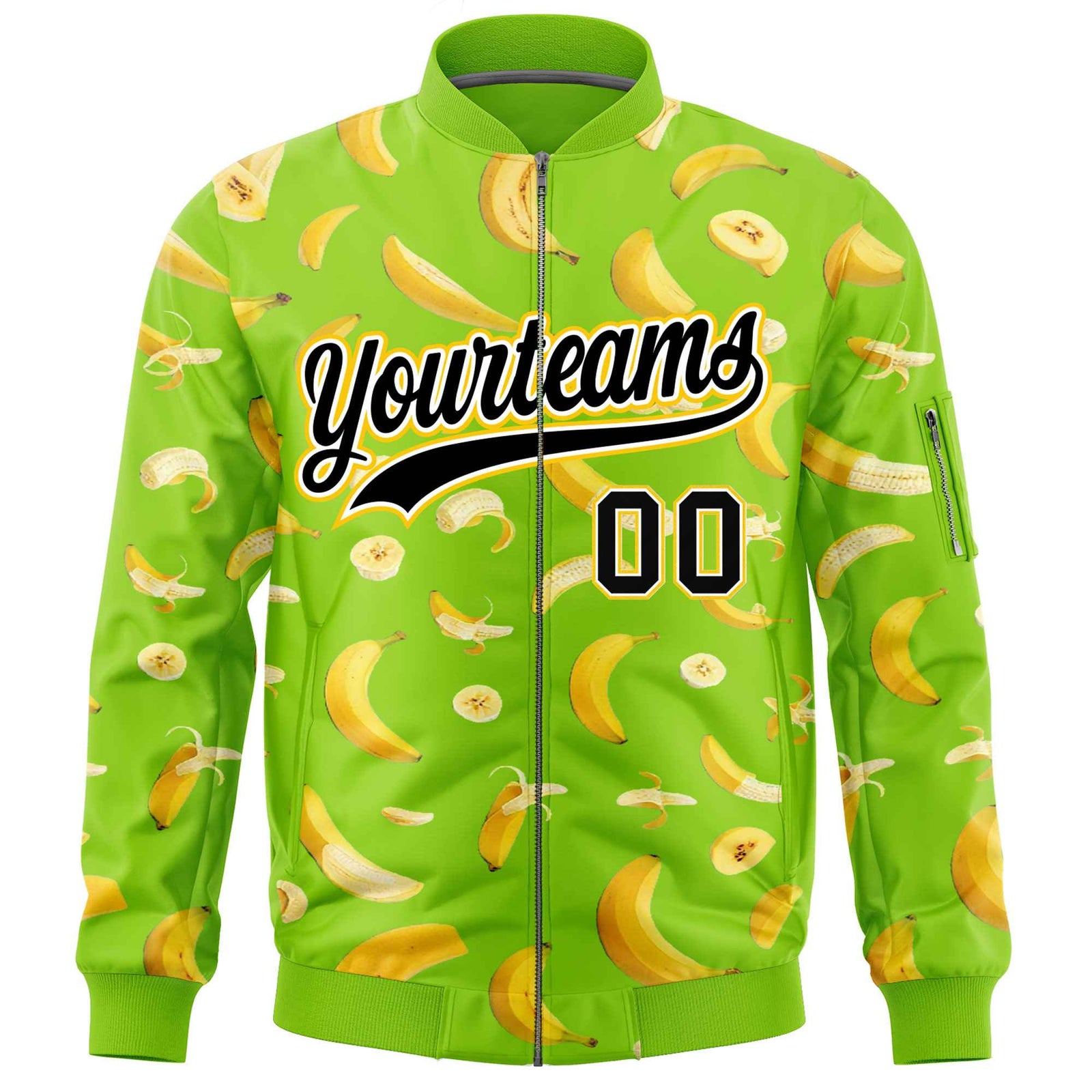 Custom Neon Green Varsity Full-Zip Banana Pattern Letterman Bomber Jacket | Graffiti Pattern | Embroidery&Dye-sublimation printing | KXKSHOP