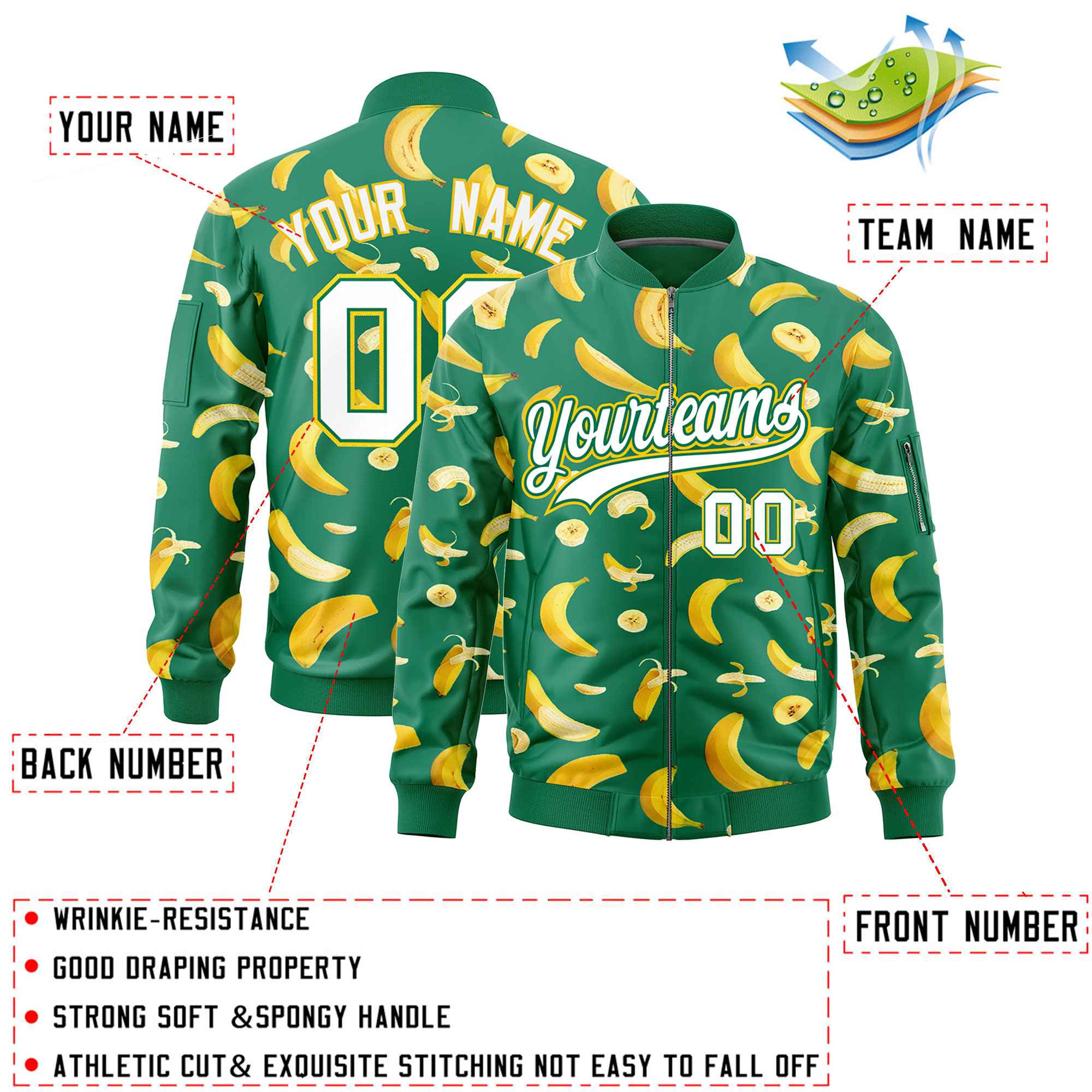Custom Kelly Green Varsity Full-Zip Banana Pattern Letterman Bomber Jacket | Graffiti Pattern | Embroidery&Dye-sublimation printing | KXKSHOP