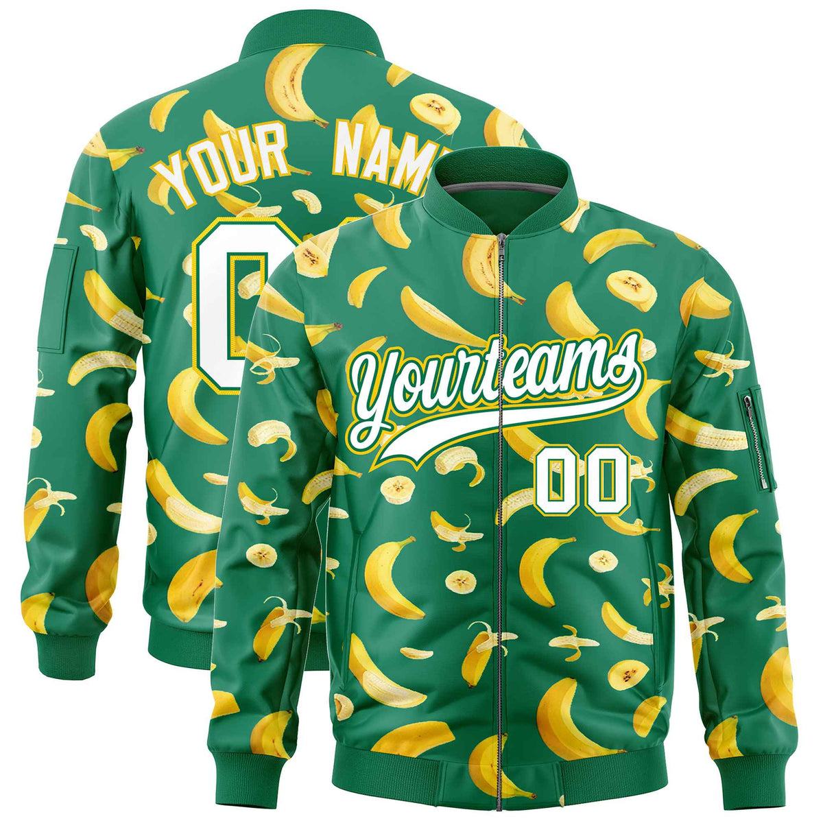 Custom Kelly Green Varsity Full-Zip Banana Pattern Letterman Bomber Jacket | Graffiti Pattern | Embroidery&amp;Dye-sublimation printing | KXKSHOP