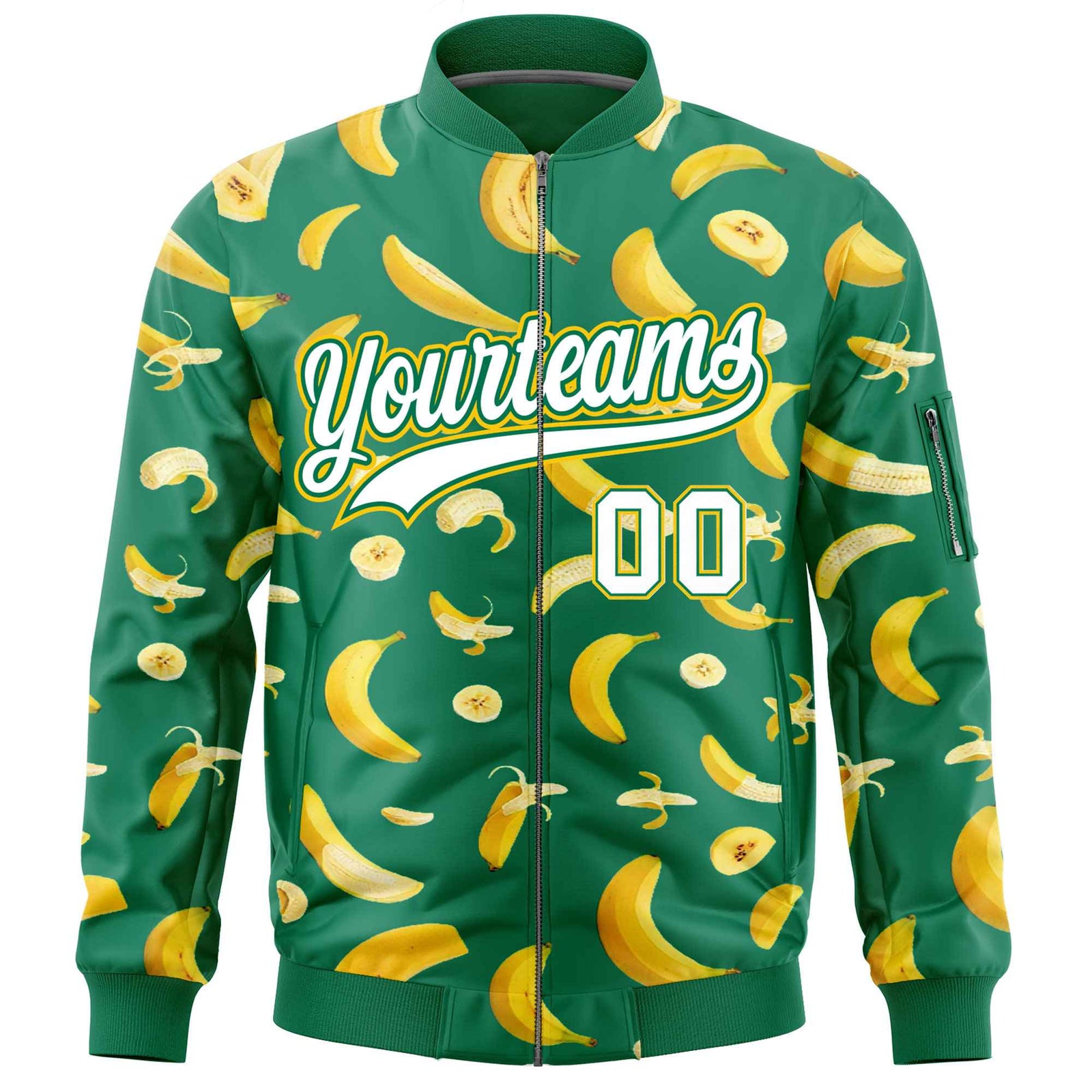 Custom Kelly Green Varsity Full-Zip Banana Pattern Letterman Bomber Jacket | Graffiti Pattern | Embroidery&Dye-sublimation printing | KXKSHOP