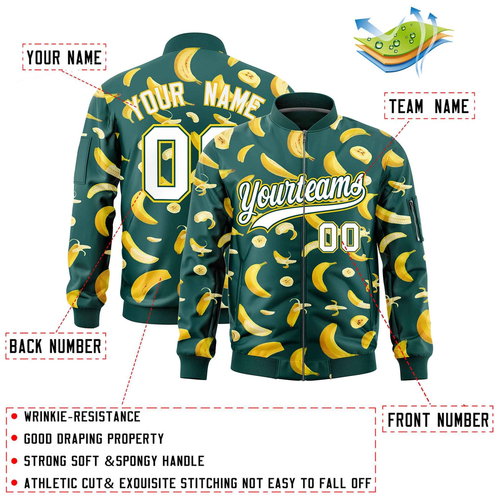Custom Midnight Green Varsity Full-Zip Banana Pattern Letterman Bomber Jacket | Graffiti Pattern | Embroidery&Dye-sublimation printing | KXKSHOP