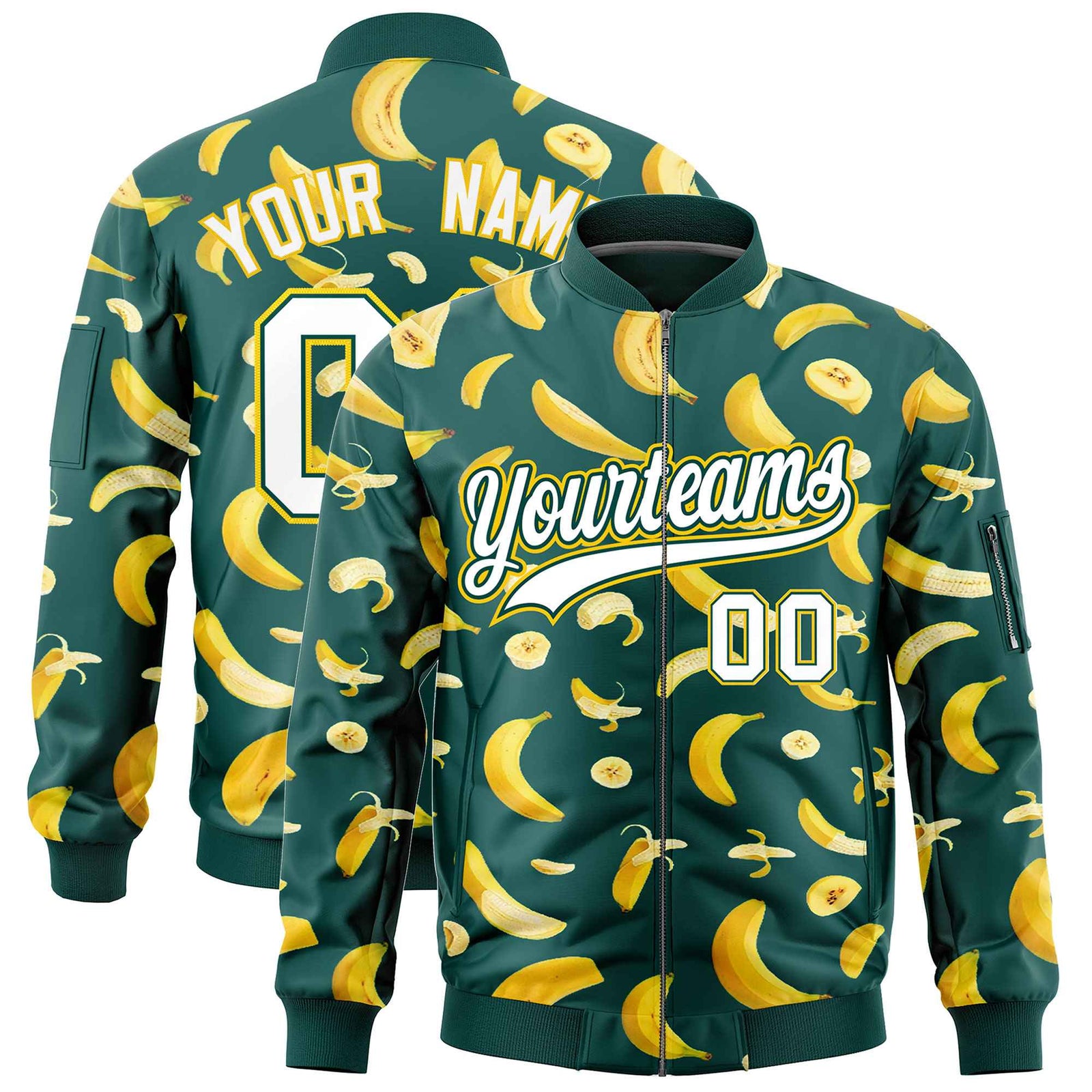 Custom Midnight Green Varsity Full-Zip Banana Pattern Letterman Bomber Jacket | Graffiti Pattern | Embroidery&Dye-sublimation printing | KXKSHOP