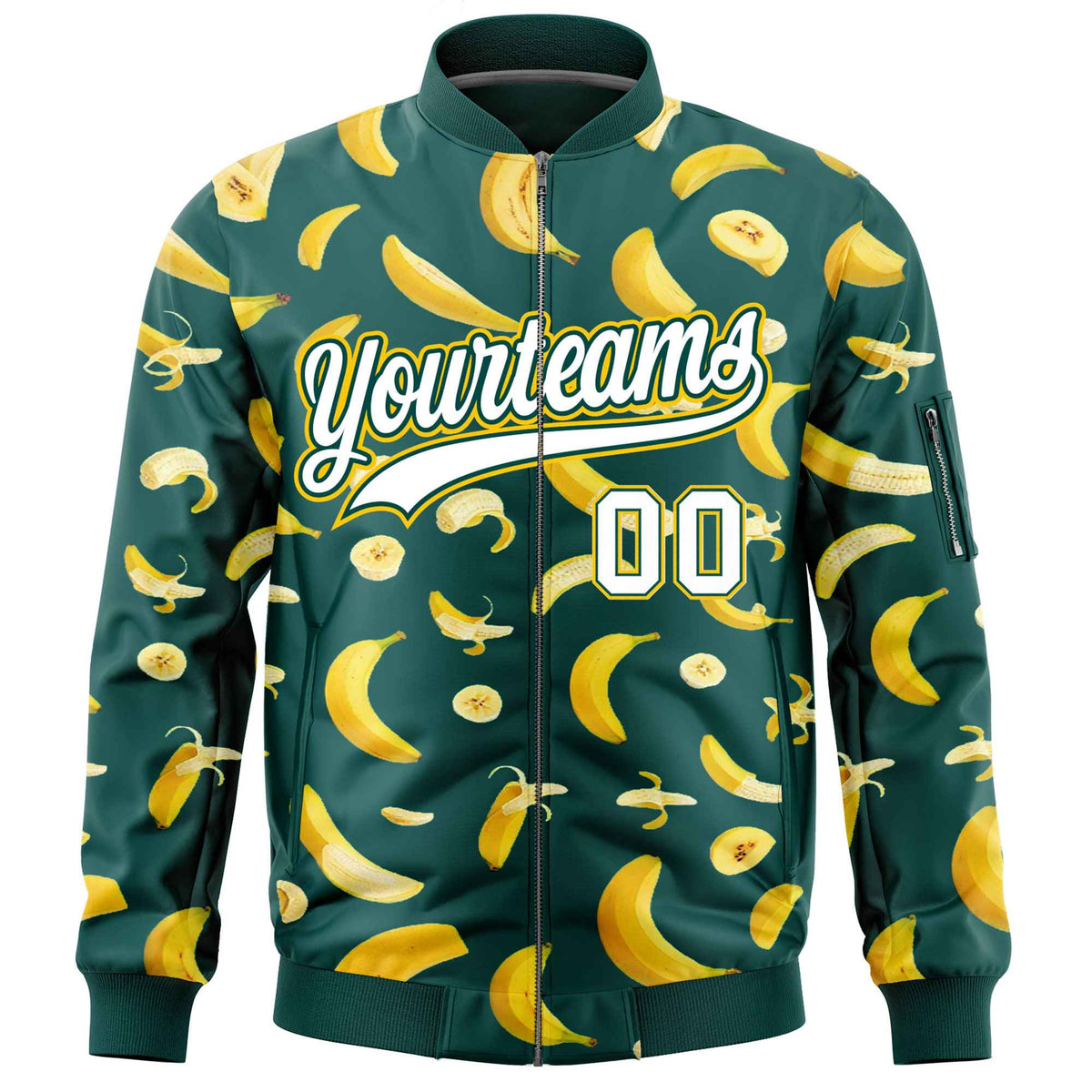 Custom Midnight Green Varsity Full-Zip Banana Pattern Letterman Bomber Jacket | Graffiti Pattern | Embroidery&amp;Dye-sublimation printing | KXKSHOP