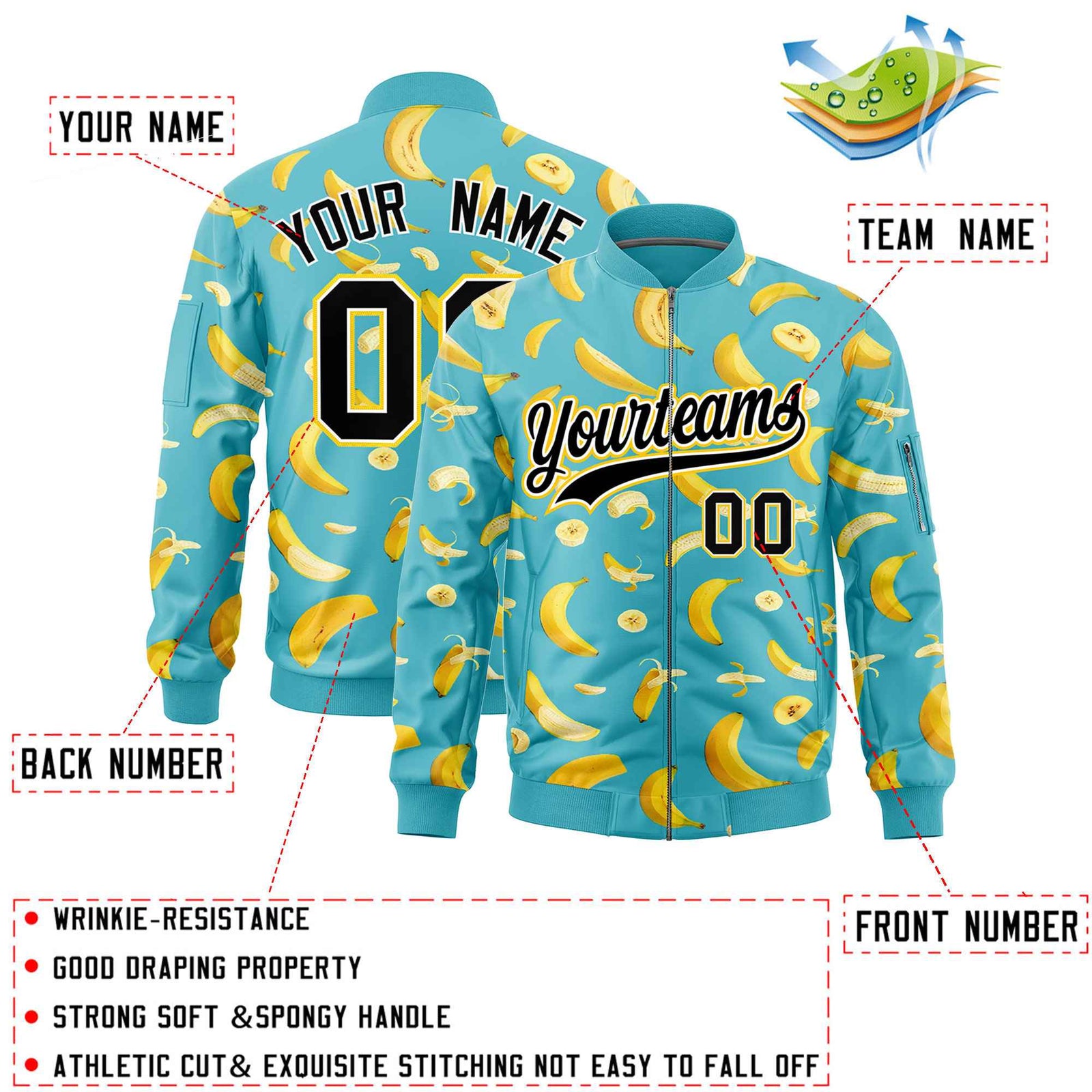Custom Sky Blue Varsity Full-Zip Banana Pattern Letterman Bomber Jacket | Graffiti Pattern | Embroidery&Dye-sublimation printing | KXKSHOP