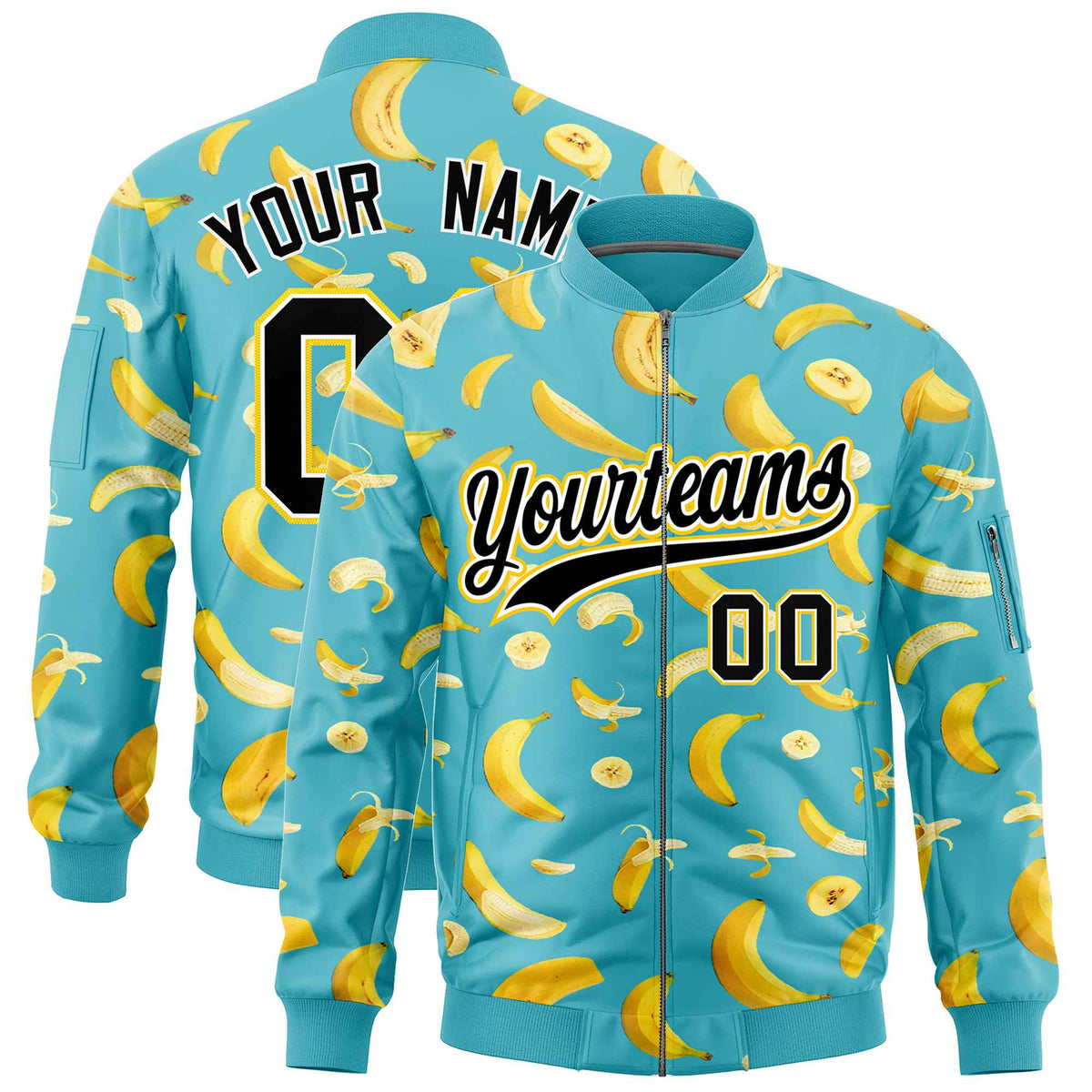 Custom Sky Blue Varsity Full-Zip Banana Pattern Letterman Bomber Jacket | Graffiti Pattern | Embroidery&amp;Dye-sublimation printing | KXKSHOP