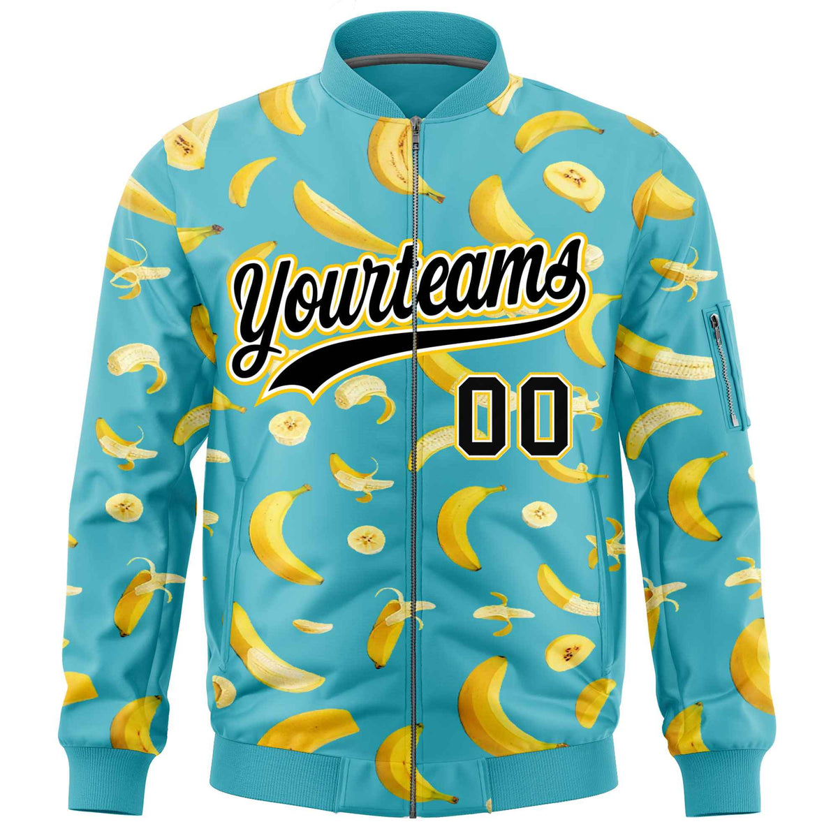 Custom Sky Blue Varsity Full-Zip Banana Pattern Letterman Bomber Jacket | Graffiti Pattern | Embroidery&amp;Dye-sublimation printing | KXKSHOP