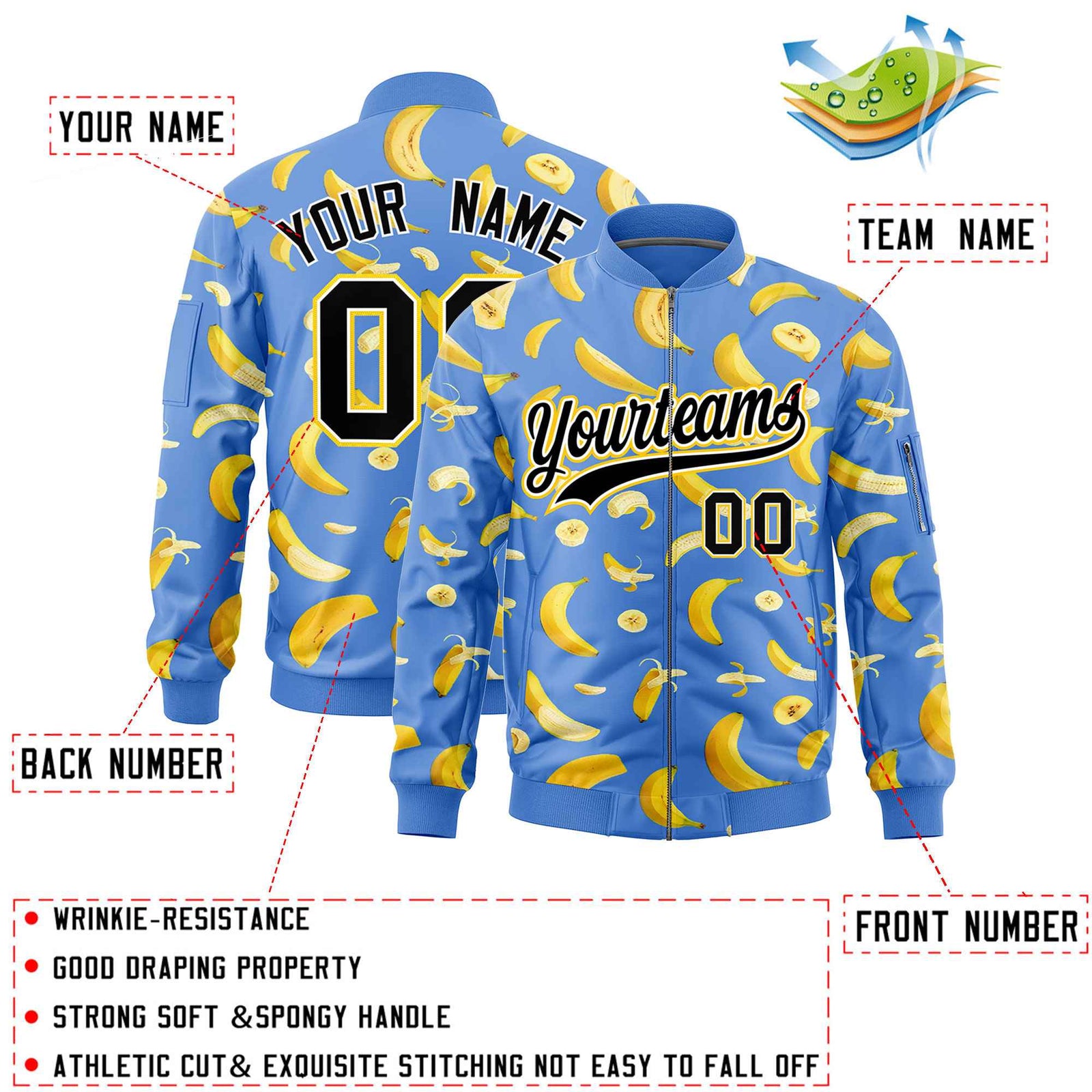 Custom Powder Blue Varsity Full-Zip Banana Pattern Letterman Bomber Jacket | Graffiti Pattern | Embroidery&Dye-sublimation printing | KXKSHOP