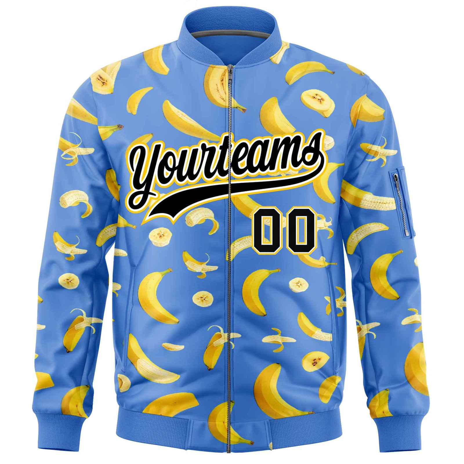 Custom Powder Blue Varsity Full-Zip Banana Pattern Letterman Bomber Jacket | Graffiti Pattern | Embroidery&Dye-sublimation printing | KXKSHOP