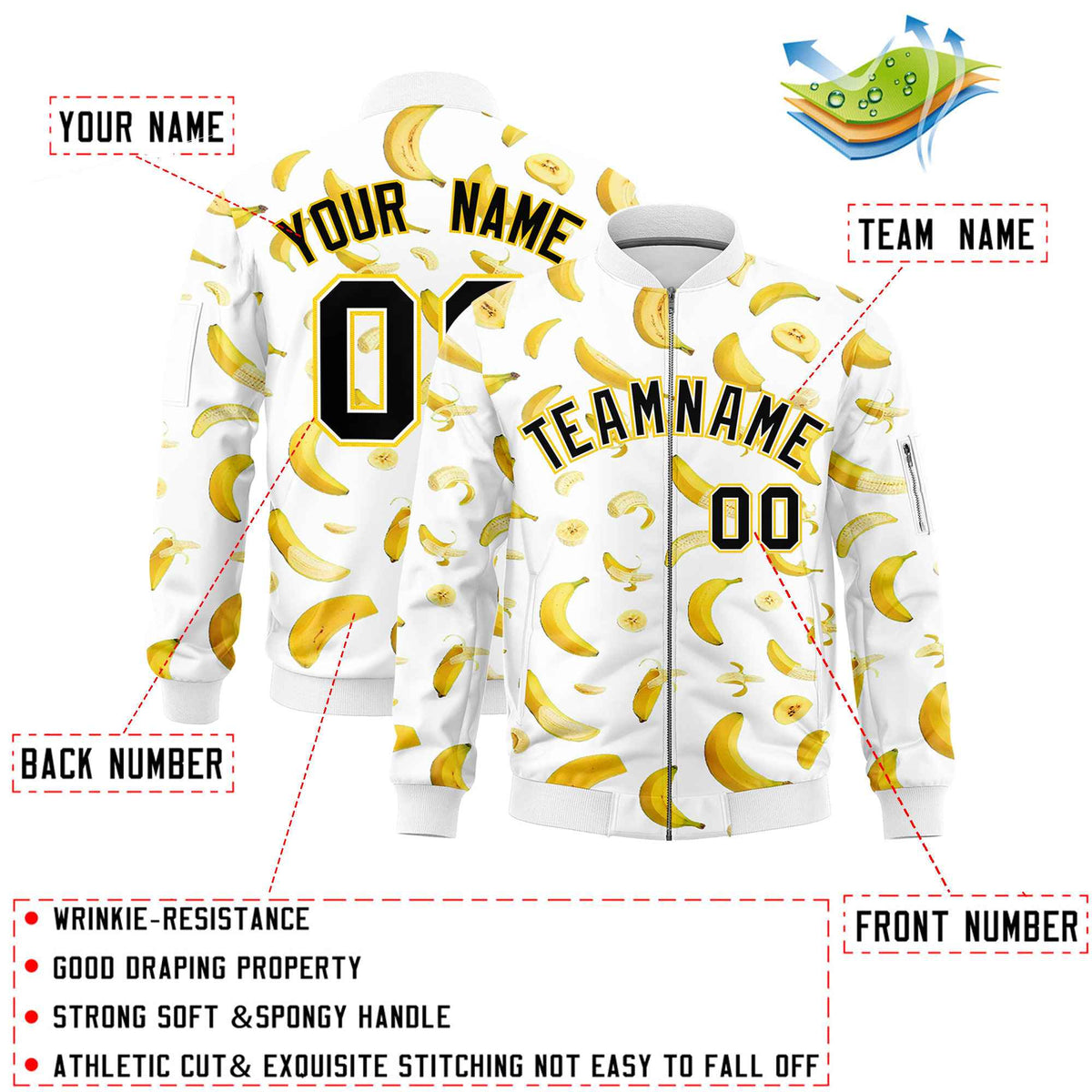 Custom White Varsity Full-Zip Banana Pattern Letterman Bomber Jacket | Graffiti Pattern | Embroidery&amp;Dye-sublimation printing | KXKSHOP