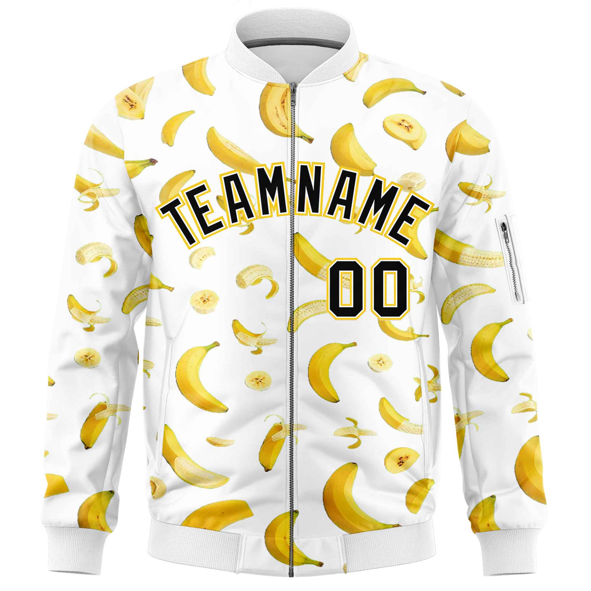 Custom White Varsity Full-Zip Banana Pattern Letterman Bomber Jacket | Graffiti Pattern | Embroidery&Dye-sublimation printing | KXKSHOP