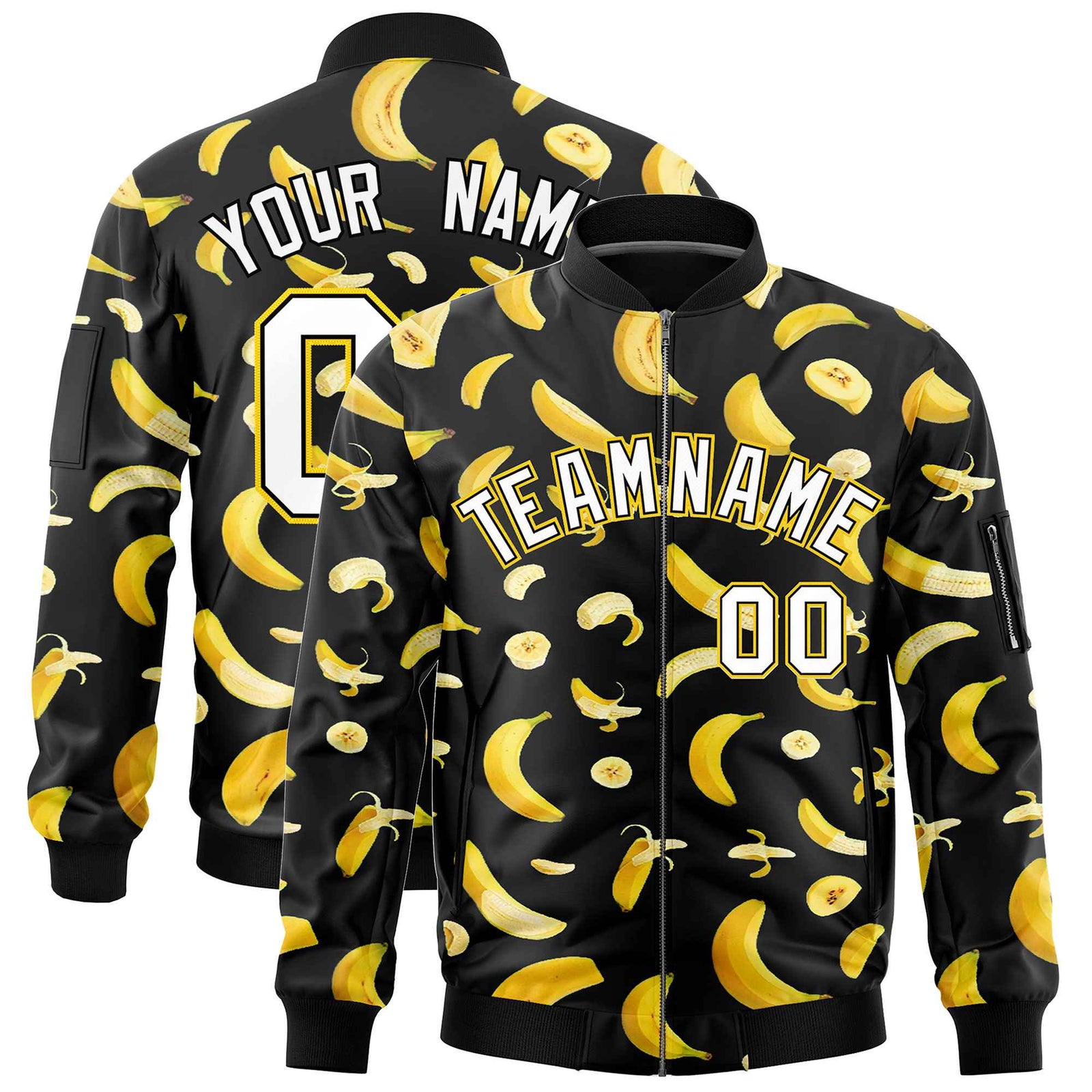 Custom Black Varsity Full-Zip Banana Pattern Letterman Bomber Jacket | Graffiti Pattern | Embroidery&Dye-sublimation printing | KXKSHOP