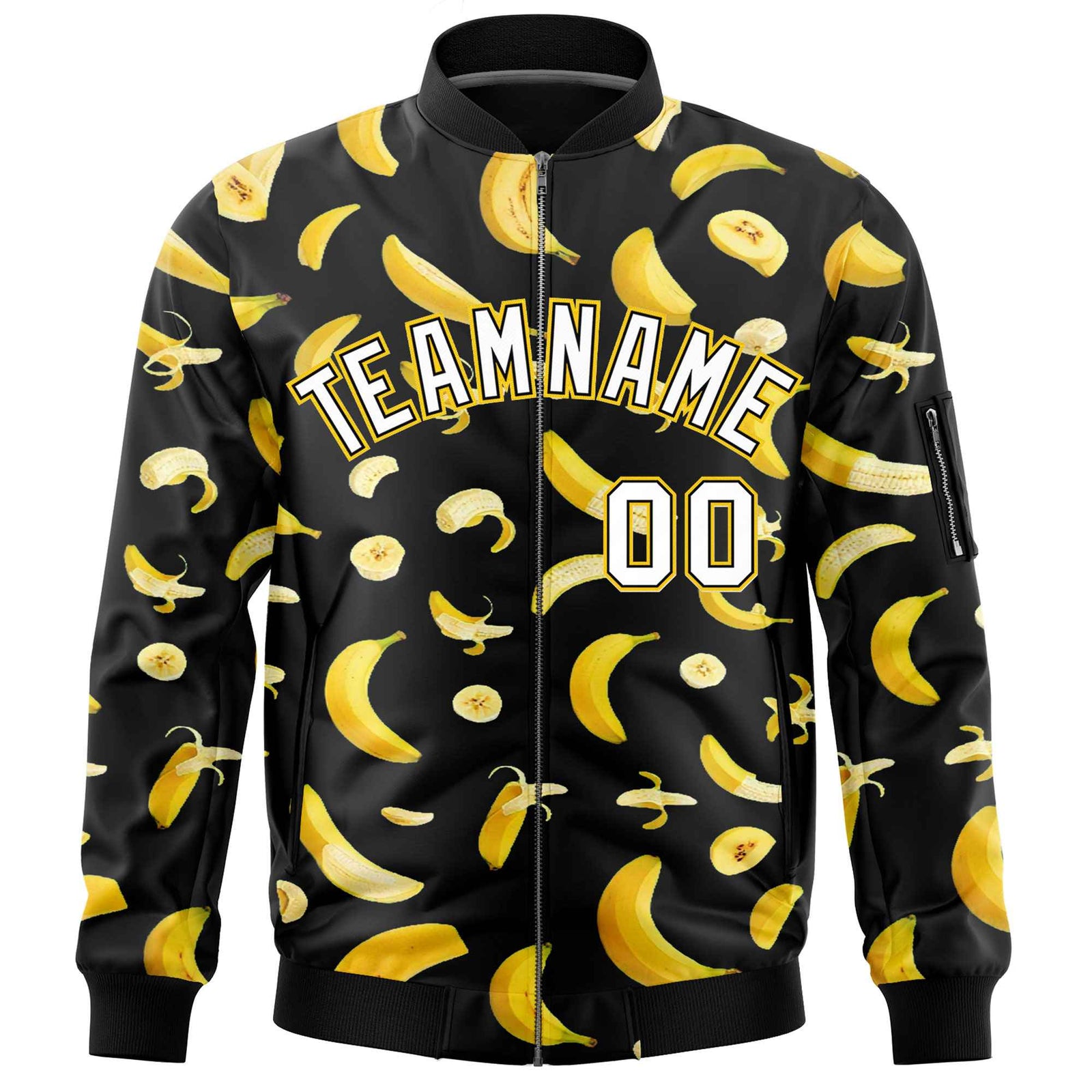 Custom Black Varsity Full-Zip Banana Pattern Letterman Bomber Jacket | Graffiti Pattern | Embroidery&Dye-sublimation printing | KXKSHOP