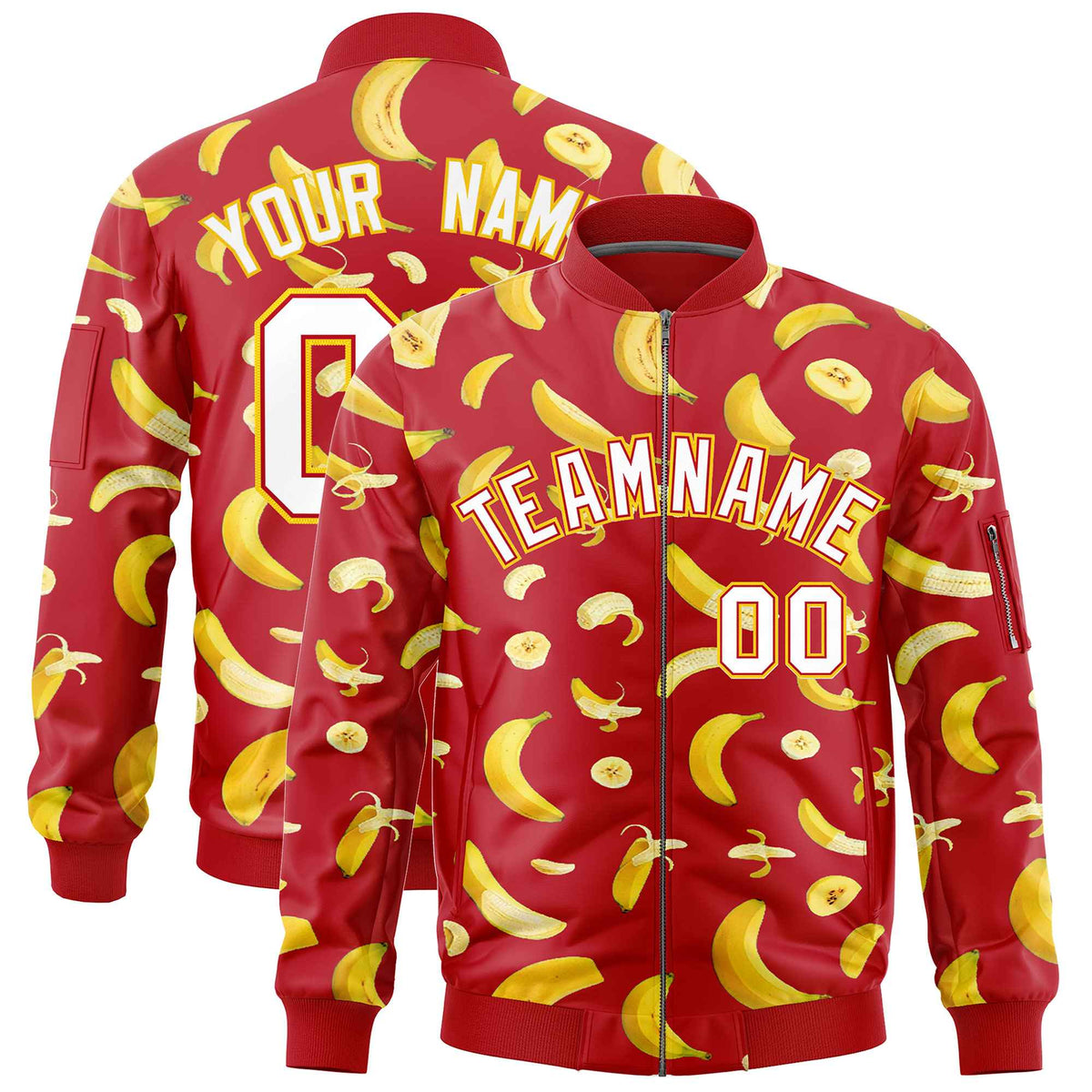 Custom Red Varsity Full-Zip Banana Pattern Letterman Bomber Jacket | Graffiti Pattern | Embroidery&amp;Dye-sublimation printing | KXKSHOP