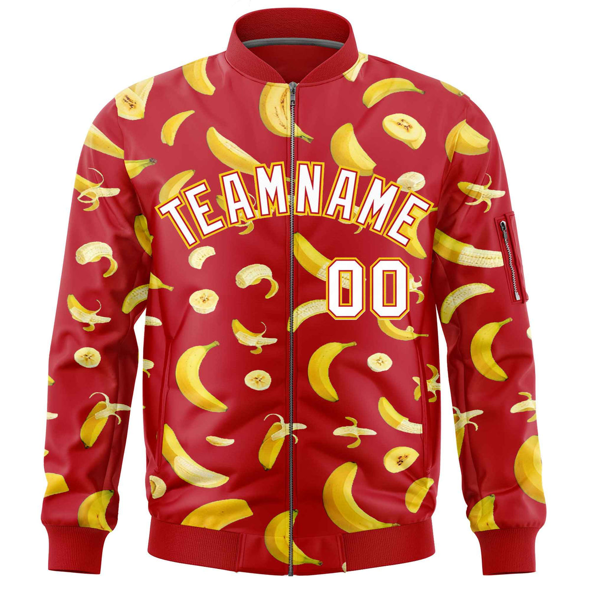 Custom Red Varsity Full-Zip Banana Pattern Letterman Bomber Jacket | Graffiti Pattern | Embroidery&amp;Dye-sublimation printing | KXKSHOP