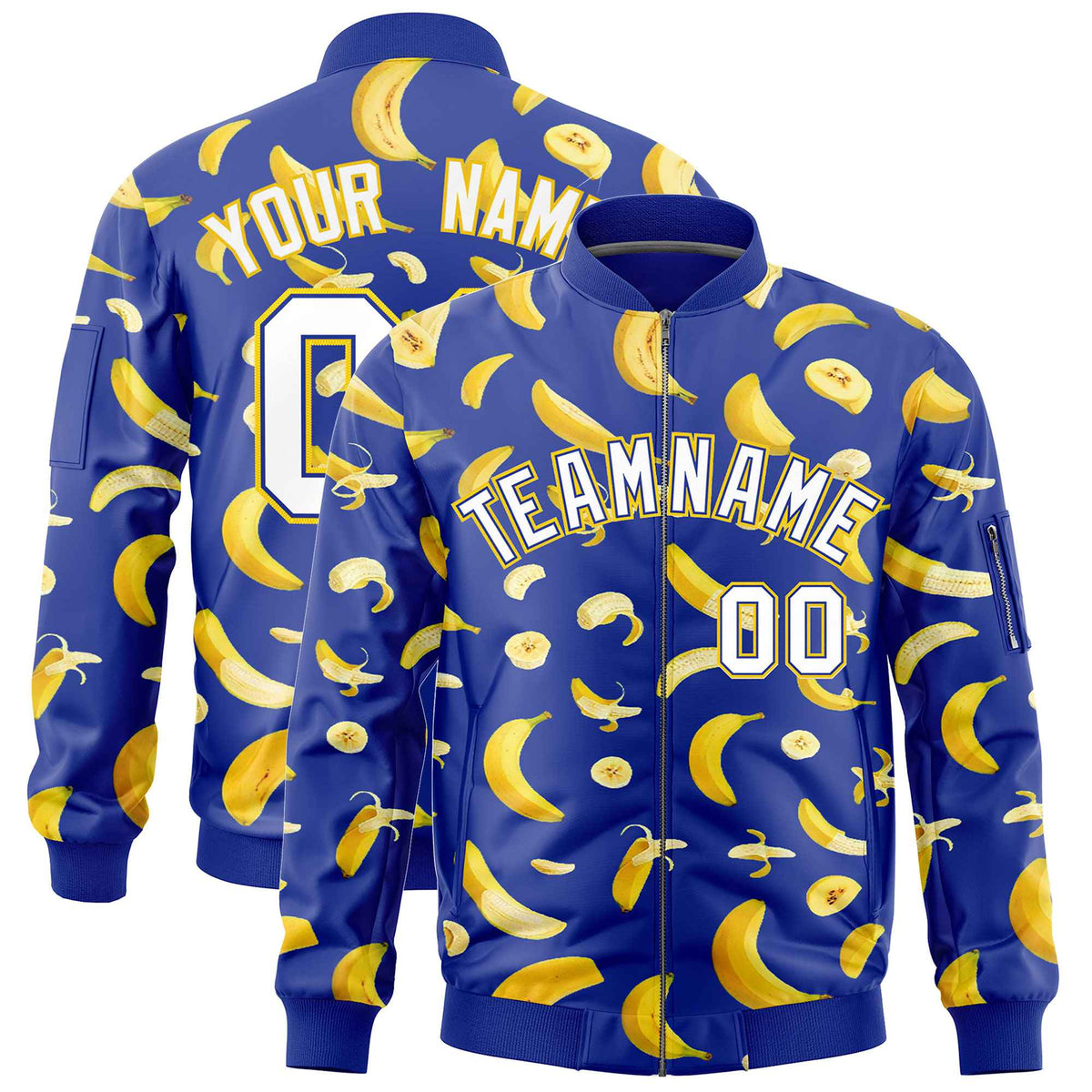 Custom Royal Blue Varsity Full-Zip Banana Pattern Letterman Bomber Jacket | Graffiti Pattern | Embroidery&amp;Dye-sublimation printing | KXKSHOP