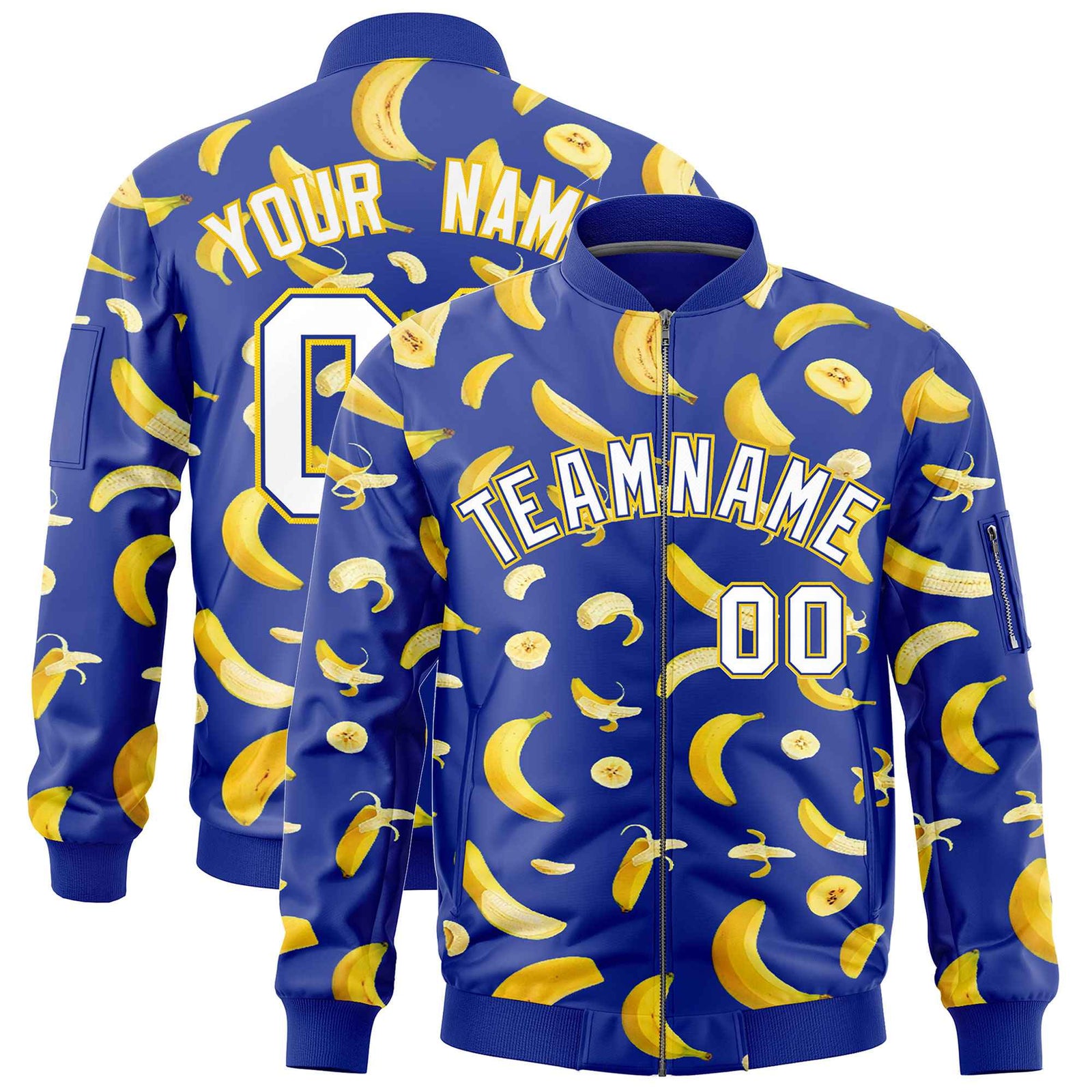 Custom Royal Blue Varsity Full-Zip Banana Pattern Letterman Bomber Jacket | Graffiti Pattern | Embroidery&Dye-sublimation printing | KXKSHOP