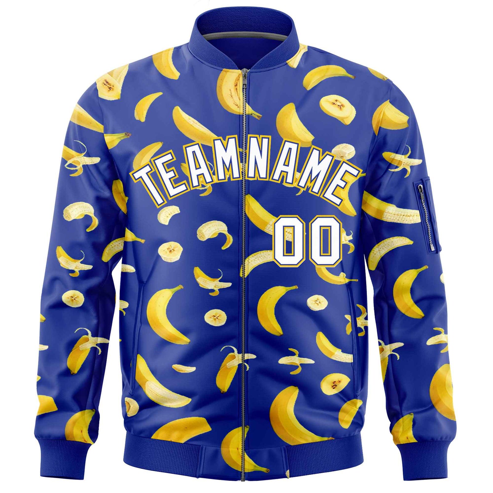 Custom Royal Blue Varsity Full-Zip Banana Pattern Letterman Bomber Jacket | Graffiti Pattern | Embroidery&Dye-sublimation printing | KXKSHOP