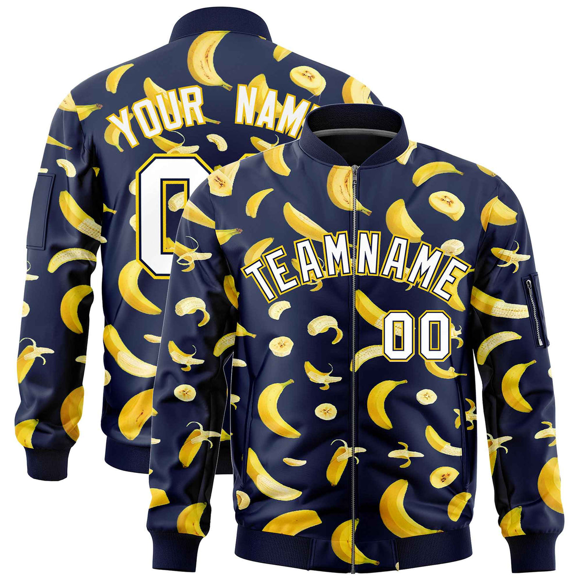 Custom Navy Varsity Full-Zip Banana Pattern Letterman Bomber Jacket | Graffiti Pattern | Embroidery&amp;Dye-sublimation printing | KXKSHOP