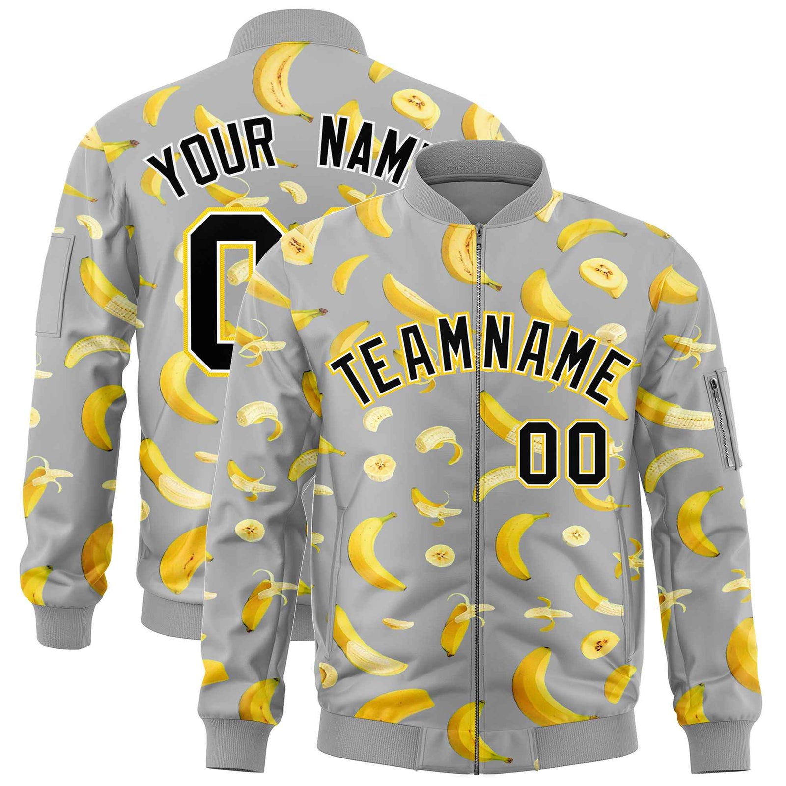 Custom Gray Varsity Full-Zip Banana Pattern Letterman Bomber Jacket | Graffiti Pattern | Embroidery&Dye-sublimation printing | KXKSHOP