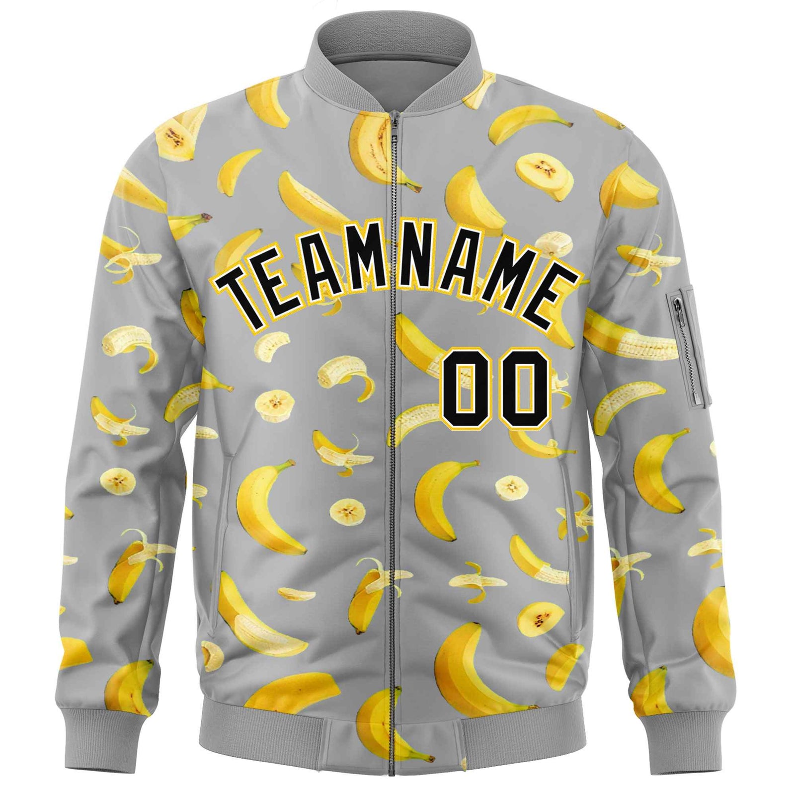 Custom Gray Varsity Full-Zip Banana Pattern Letterman Bomber Jacket | Graffiti Pattern | Embroidery&Dye-sublimation printing | KXKSHOP