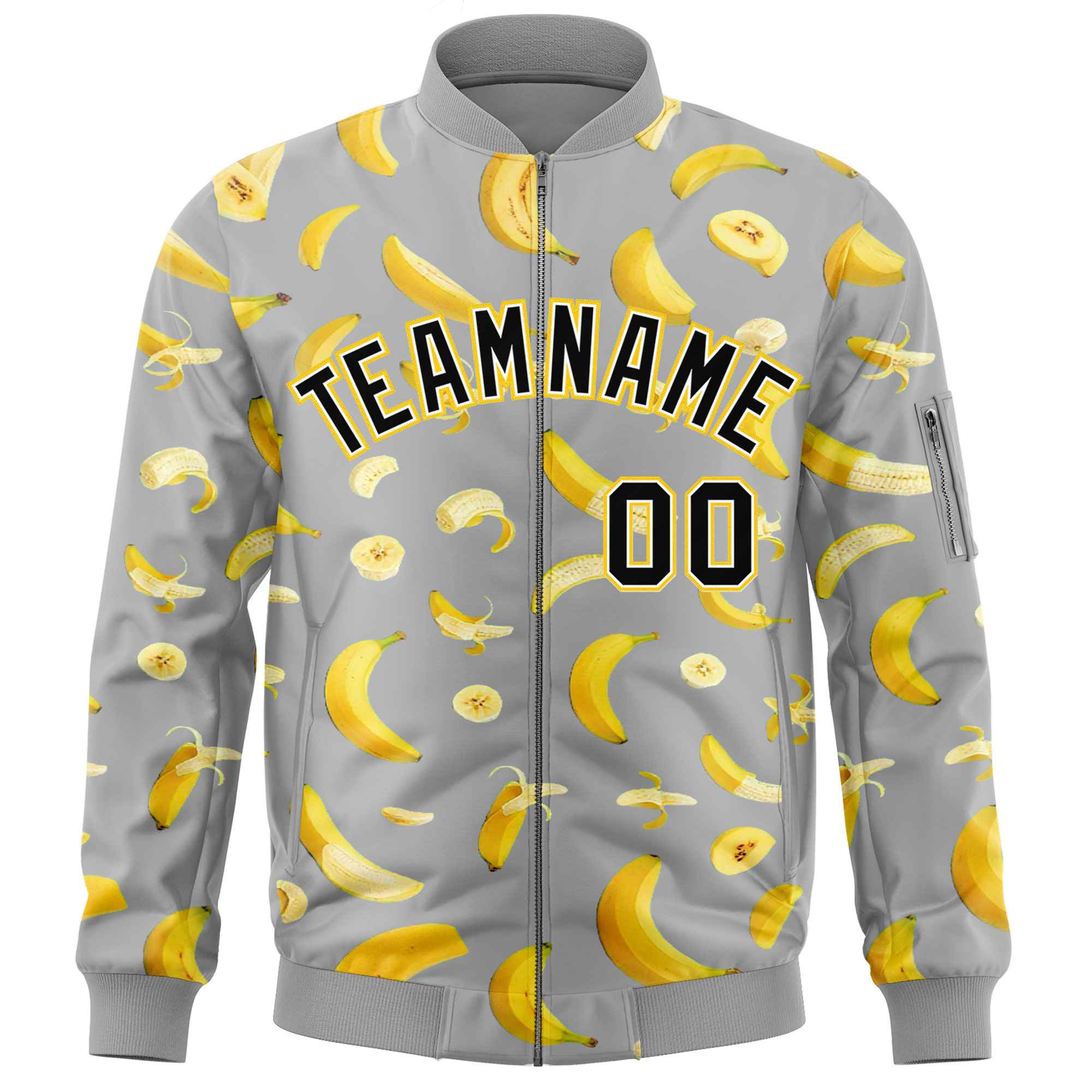 Custom Gray Varsity Full-Zip Banana Pattern Letterman Bomber Jacket | Graffiti Pattern | Embroidery&Dye-sublimation printing | KXKSHOP