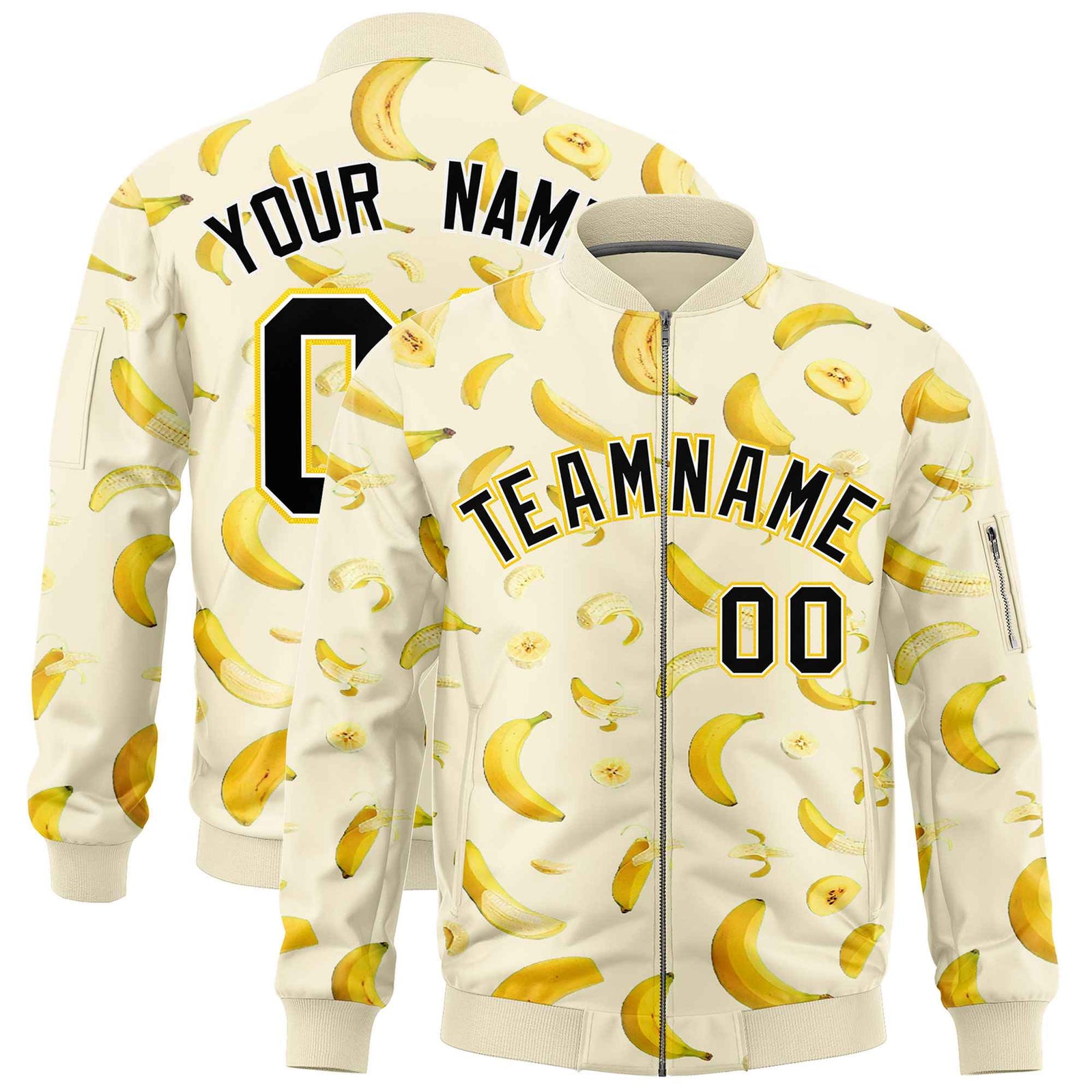 Custom Cream Varsity Full-Zip Banana Pattern Letterman Bomber Jacket | Graffiti Pattern | Embroidery&Dye-sublimation printing | KXKSHOP