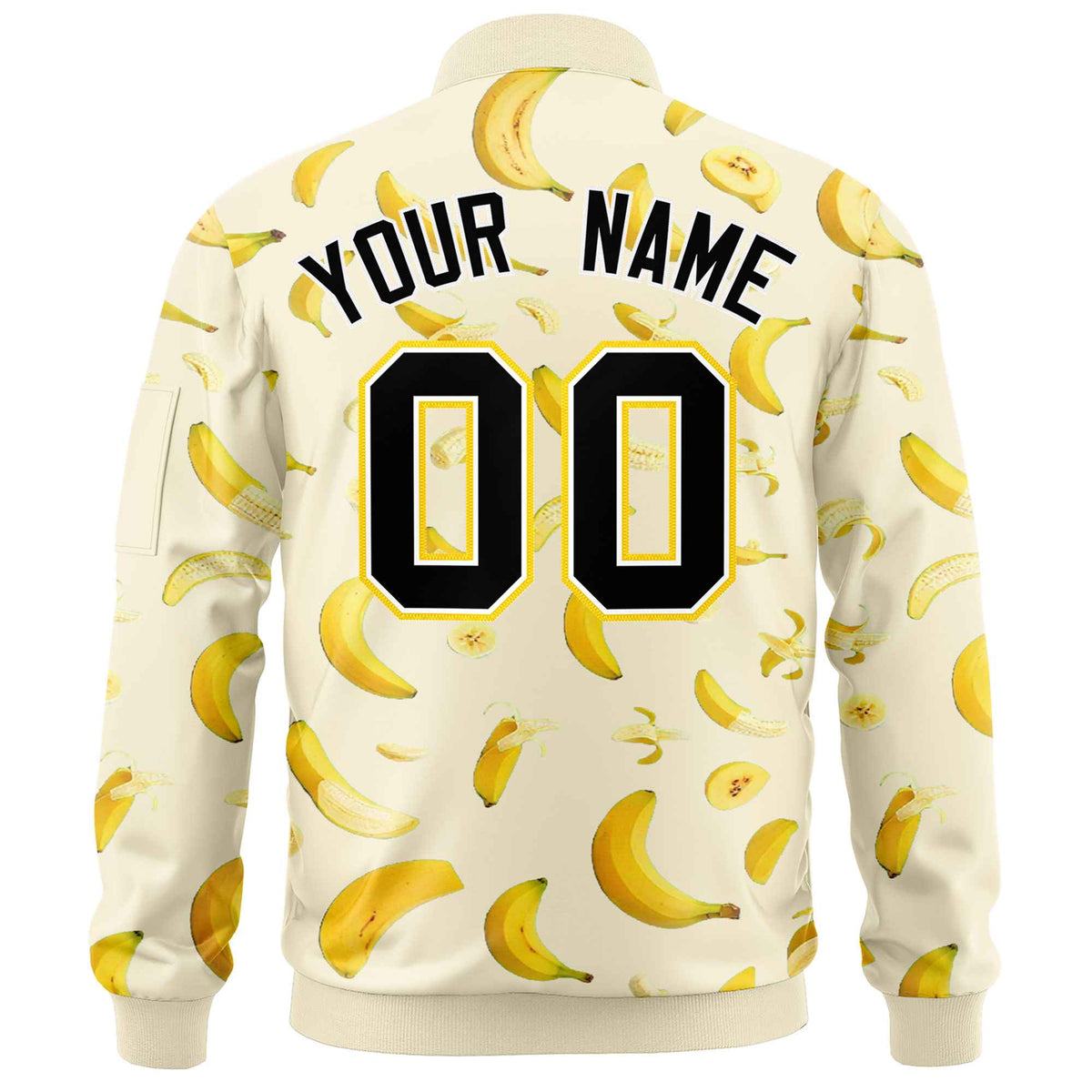 Custom Cream Varsity Full-Zip Banana Pattern Letterman Bomber Jacket | Graffiti Pattern | Embroidery&amp;Dye-sublimation printing | KXKSHOP