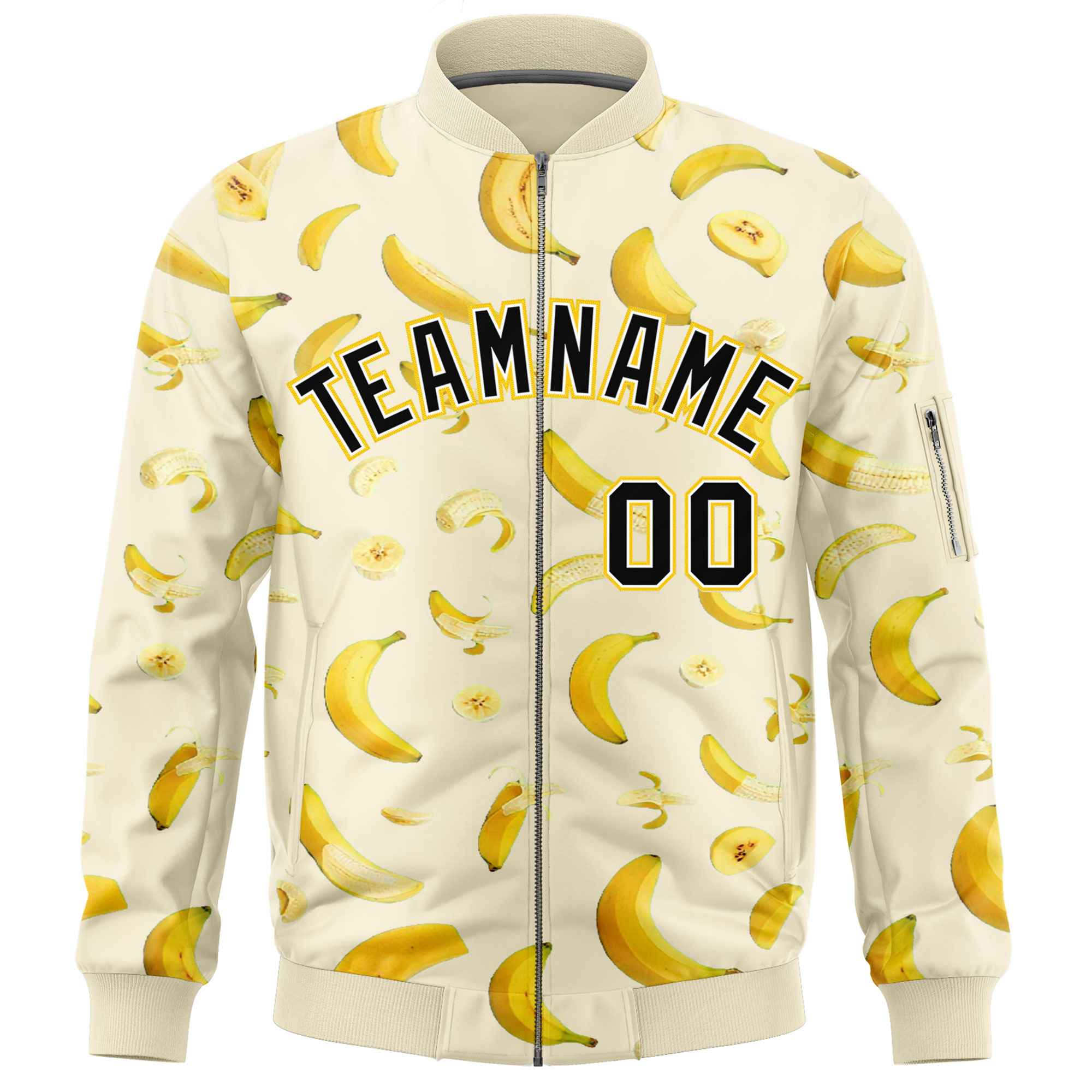 Custom Cream Varsity Full-Zip Banana Pattern Letterman Bomber Jacket | Graffiti Pattern | Embroidery&Dye-sublimation printing | KXKSHOP