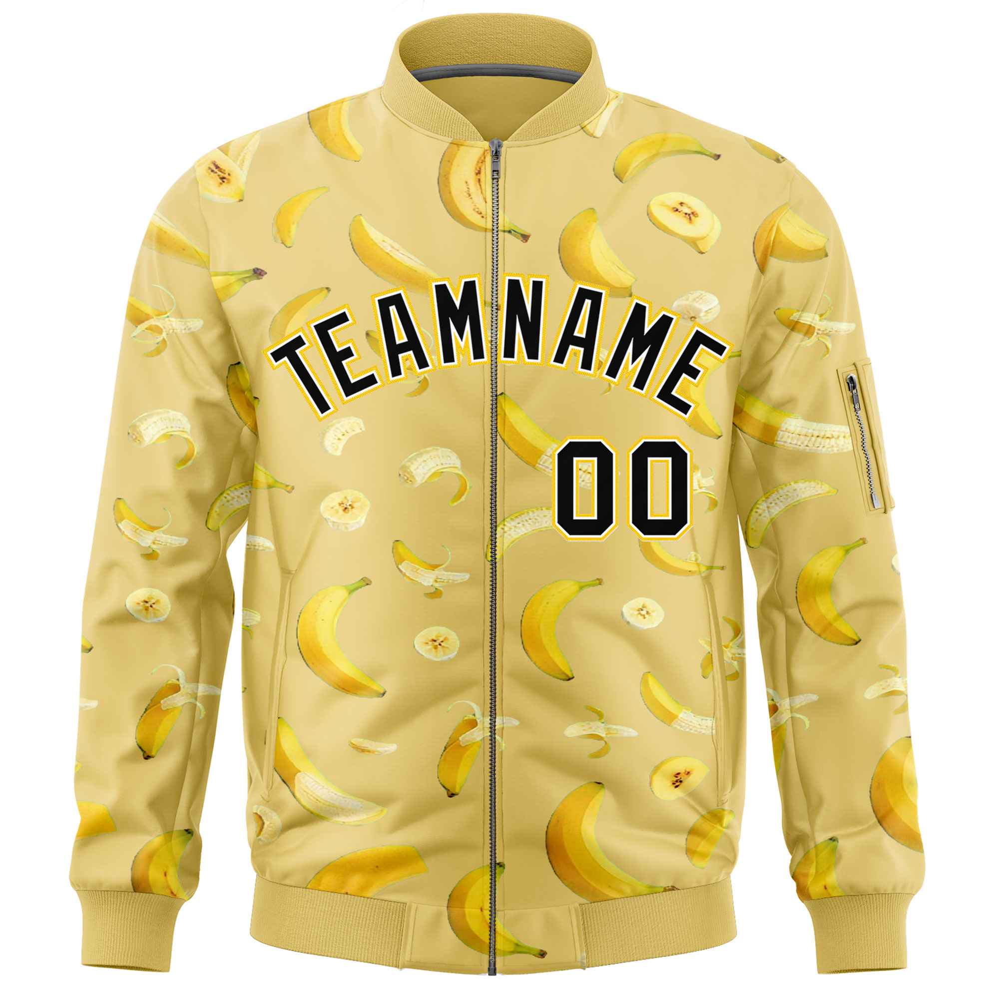 Custom Old Gold Varsity Full-Zip Banana Pattern Letterman Bomber Jacket | Graffiti Pattern | Embroidery&Dye-sublimation printing | KXKSHOP