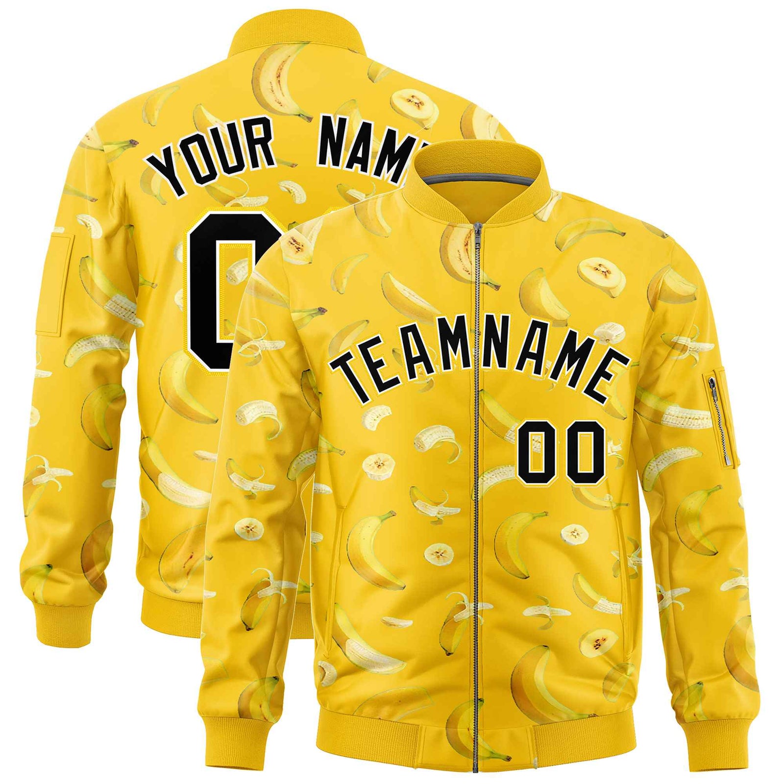 Custom Gold Varsity Full-Zip Banana Pattern Letterman Bomber Jacket | Graffiti Pattern | Embroidery&Dye-sublimation printing | KXKSHOP