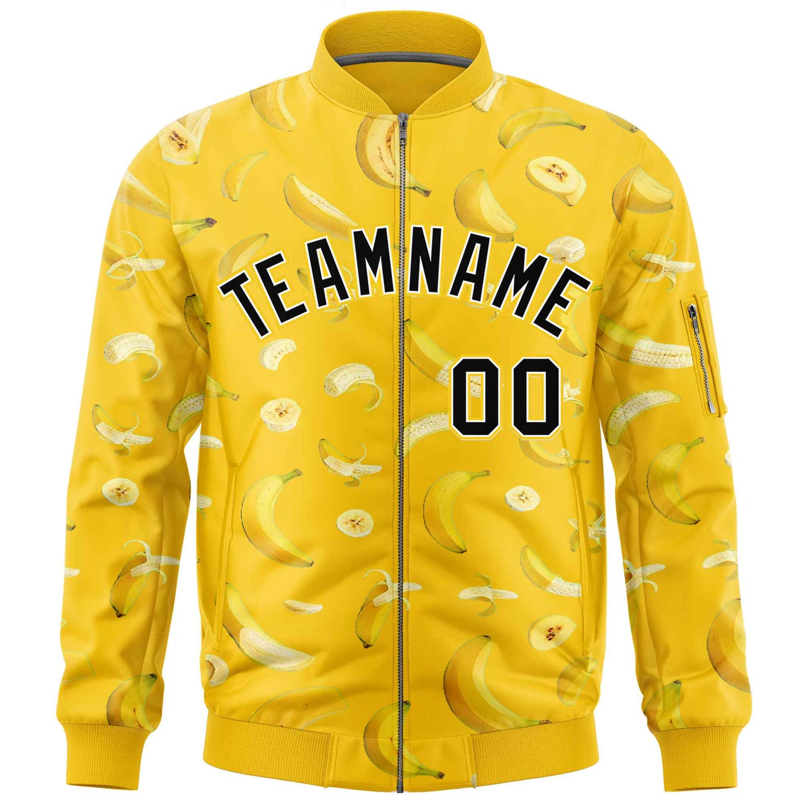 Custom Gold Varsity Full-Zip Banana Pattern Letterman Bomber Jacket | Graffiti Pattern | Embroidery&Dye-sublimation printing | KXKSHOP