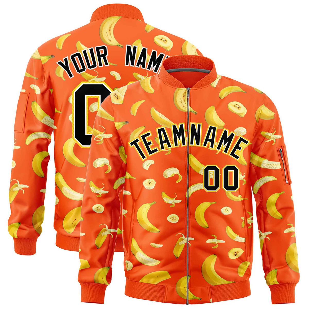 Custom Orange Varsity Full-Zip Banana Pattern Letterman Bomber Jacket | Graffiti Pattern | Embroidery&amp;Dye-sublimation printing | KXKSHOP