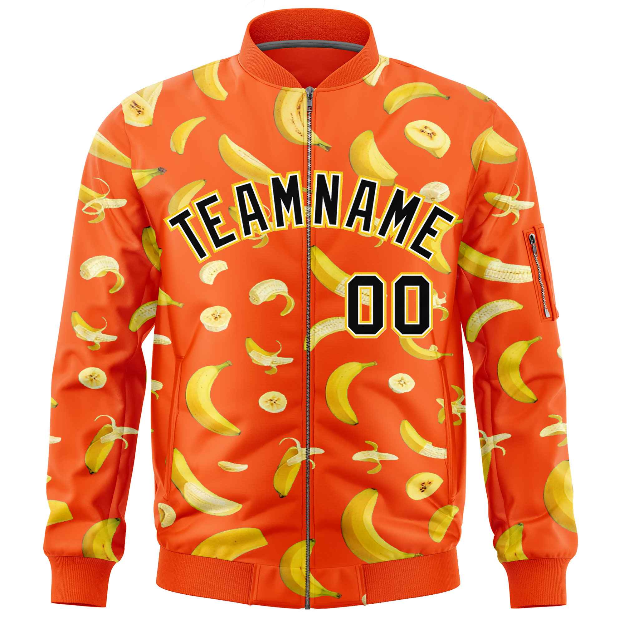 Custom Orange Varsity Full-Zip Banana Pattern Letterman Bomber Jacket | Graffiti Pattern | Embroidery&Dye-sublimation printing | KXKSHOP