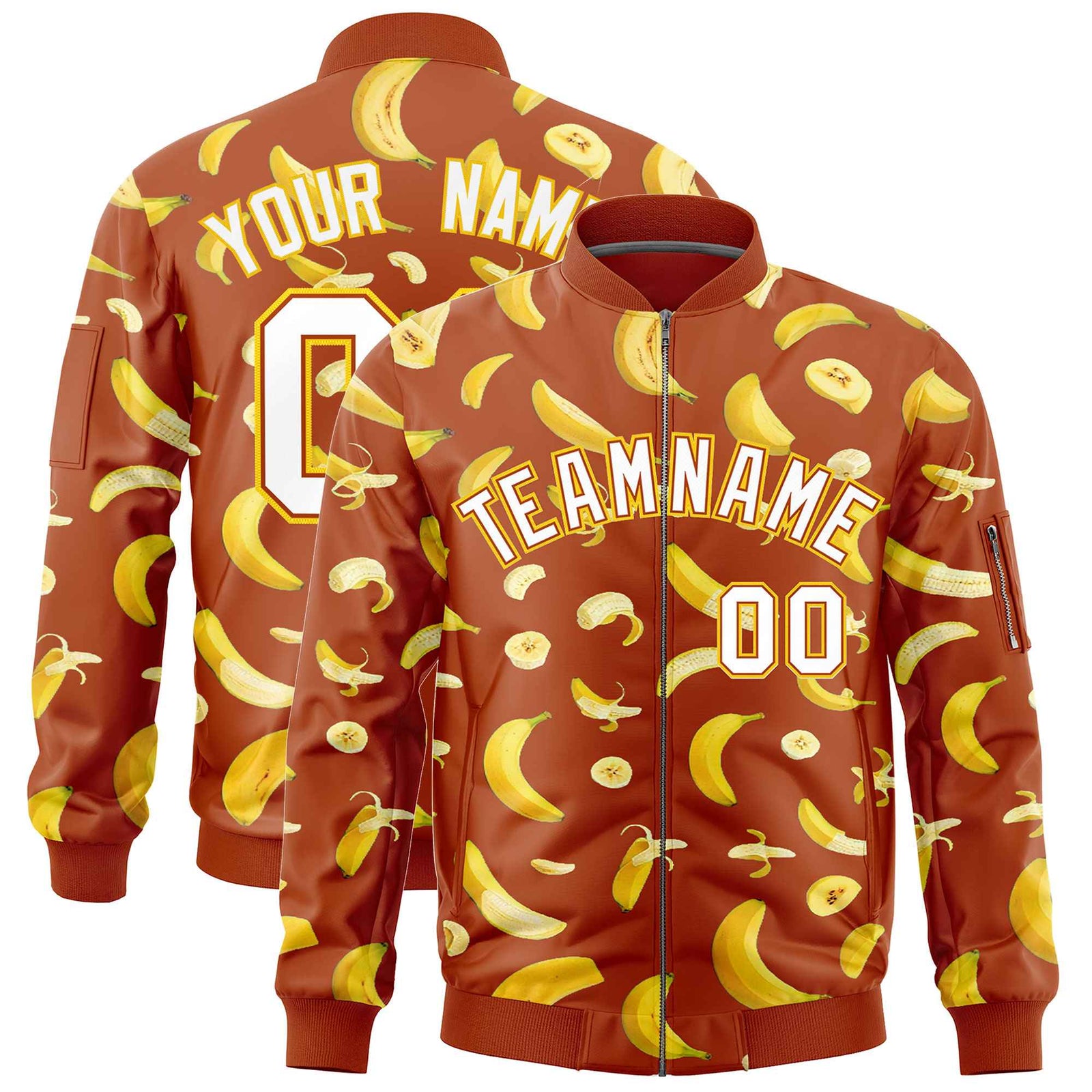 Custom Dark Orange Varsity Full-Zip Banana Pattern Letterman Bomber Jacket | Graffiti Pattern | Embroidery&Dye-sublimation printing | KXKSHOP