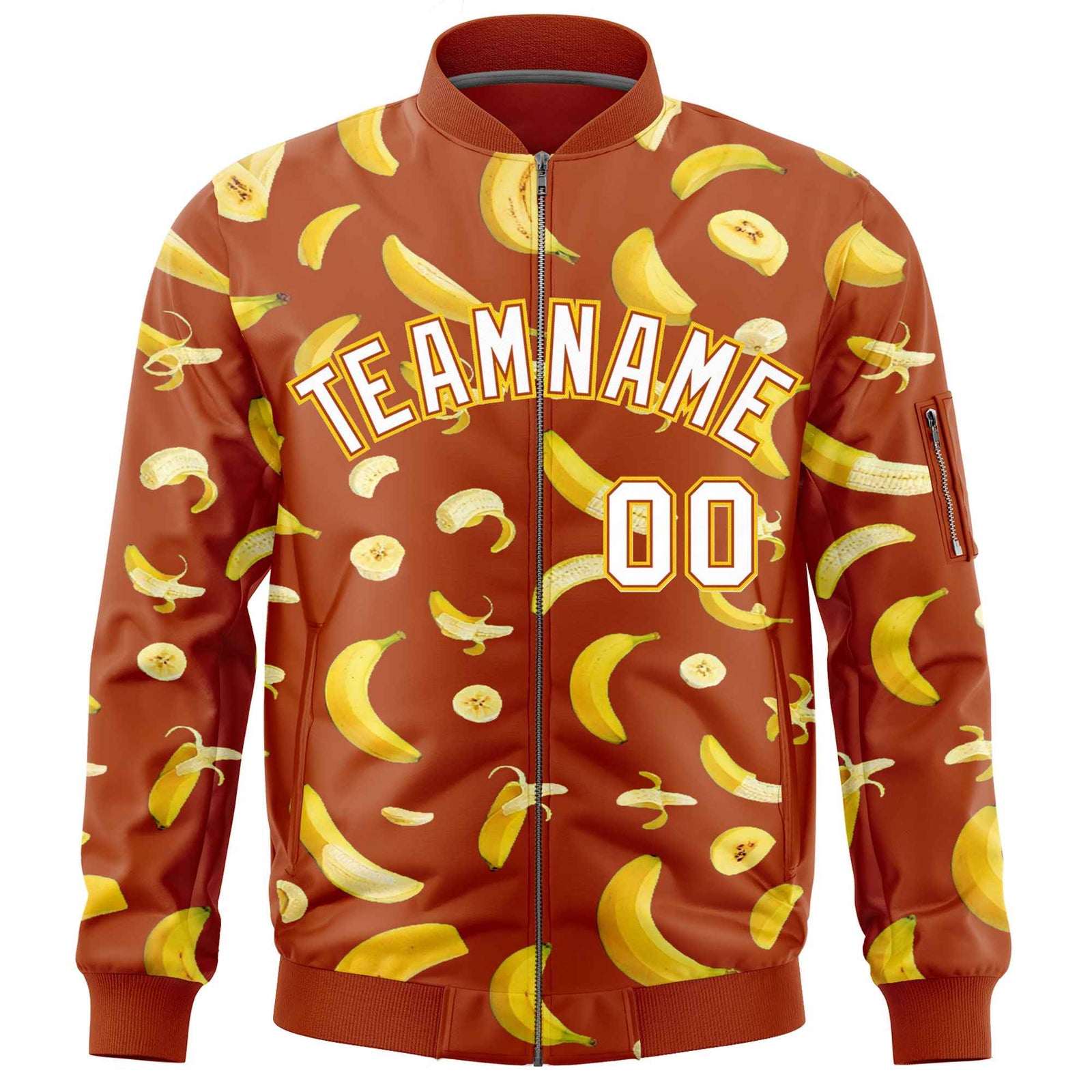 Custom Dark Orange Varsity Full-Zip Banana Pattern Letterman Bomber Jacket | Graffiti Pattern | Embroidery&Dye-sublimation printing | KXKSHOP