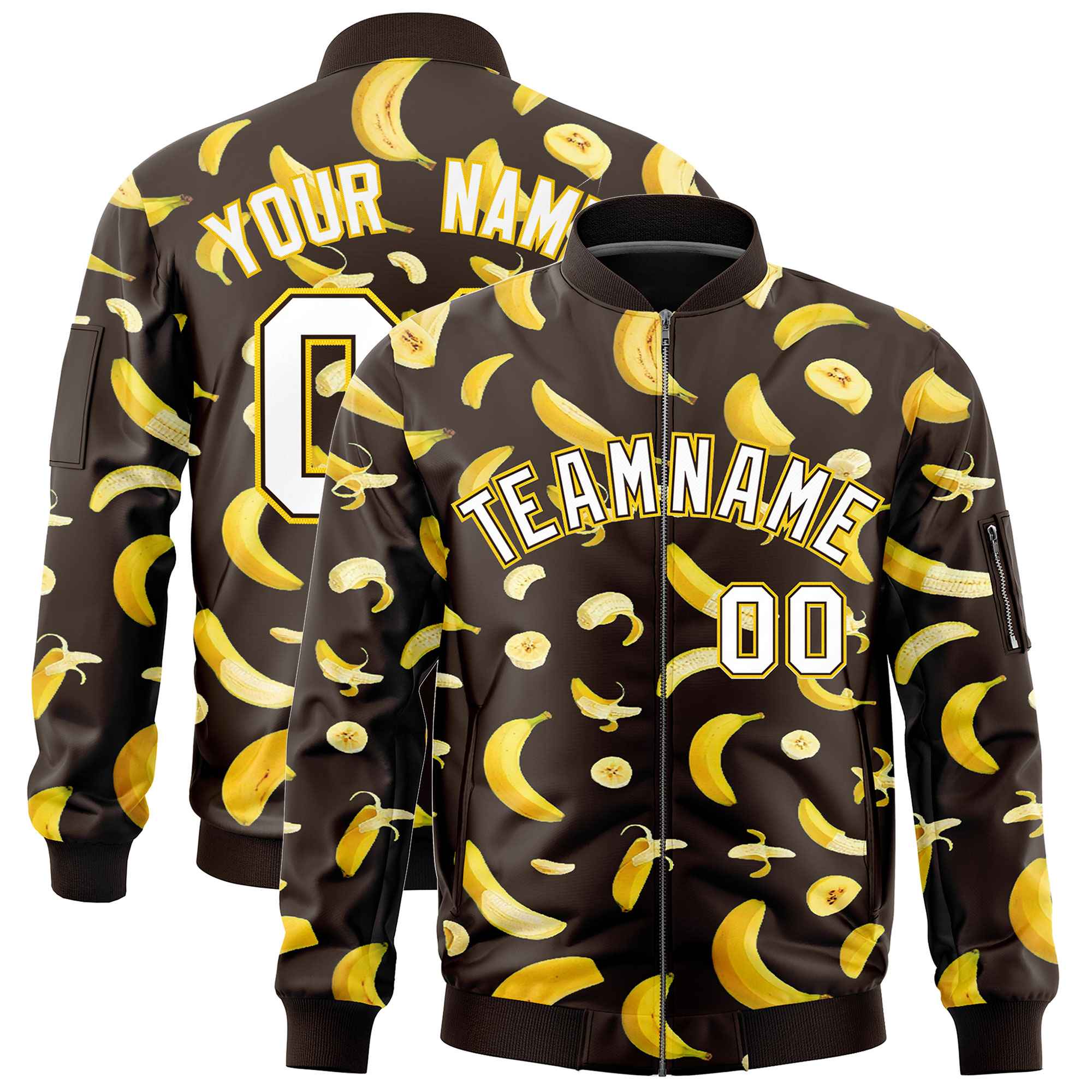 Custom Brown Varsity Full-Zip Banana Pattern Letterman Bomber Jacket | Graffiti Pattern | Embroidery&Dye-sublimation printing | KXKSHOP