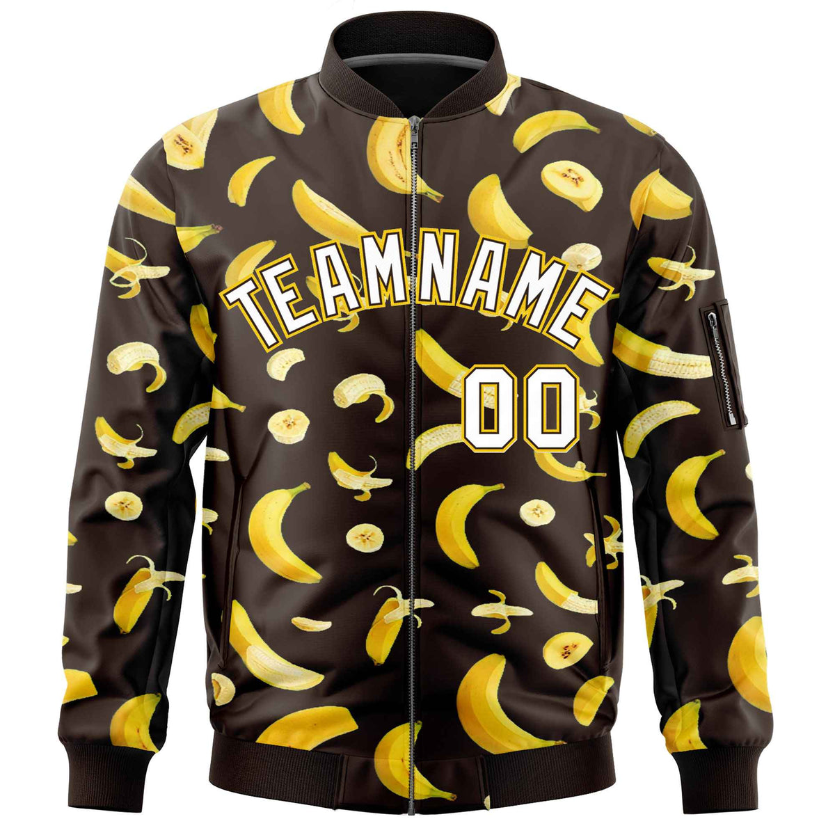 Custom Brown Varsity Full-Zip Banana Pattern Letterman Bomber Jacket | Graffiti Pattern | Embroidery&Dye-sublimation printing | KXKSHOP